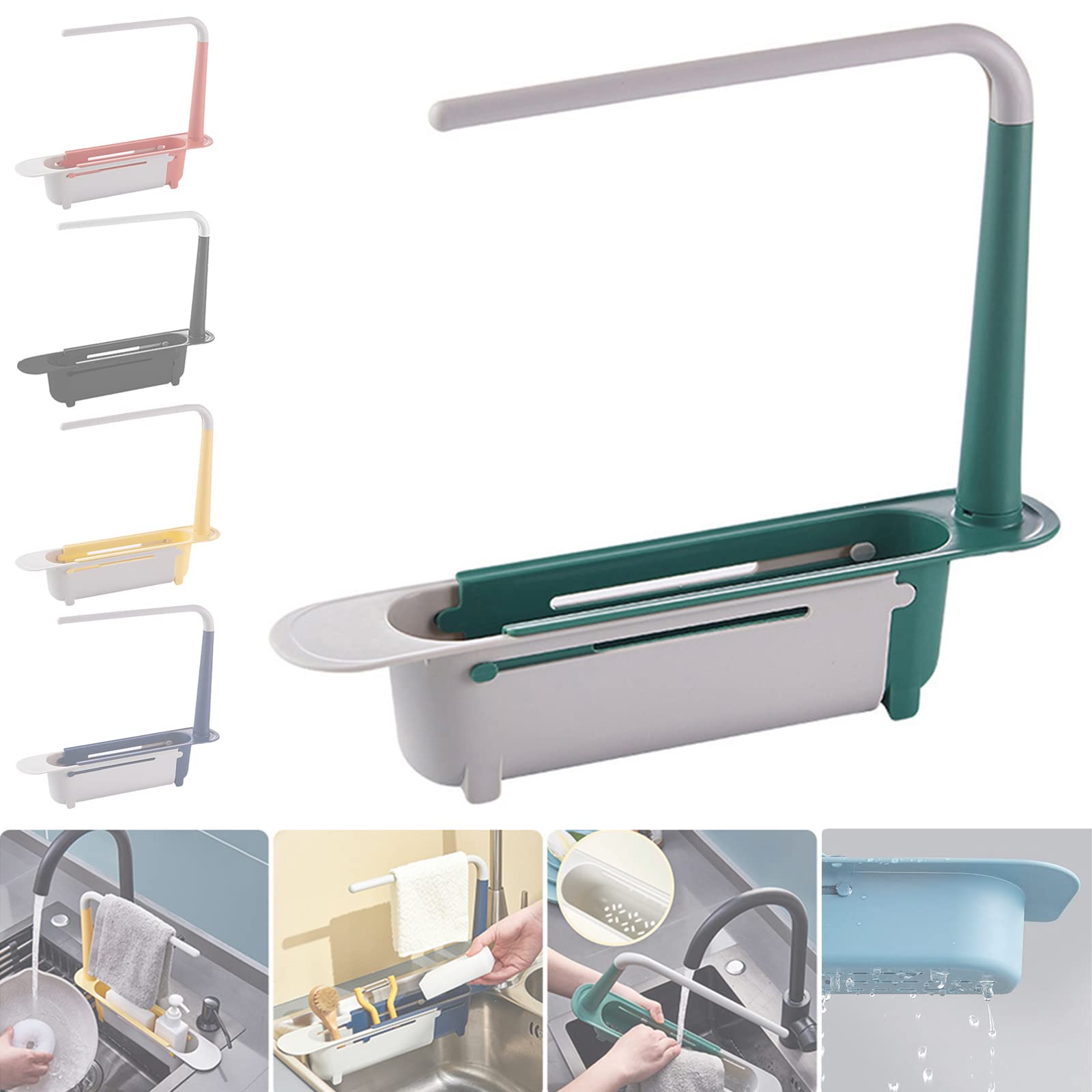 Expandable 2-in-1 Kitchen Sink Organizer - Adjustable Telescopic Sink Caddy with Dishcloth Hanger & Sponge/Brush Holder | Easy to Clean Drain Tray for Dishes, Utensils & Cleaning Supplies | Perfect for Small Kitchens, Apartments & RVs (Green)