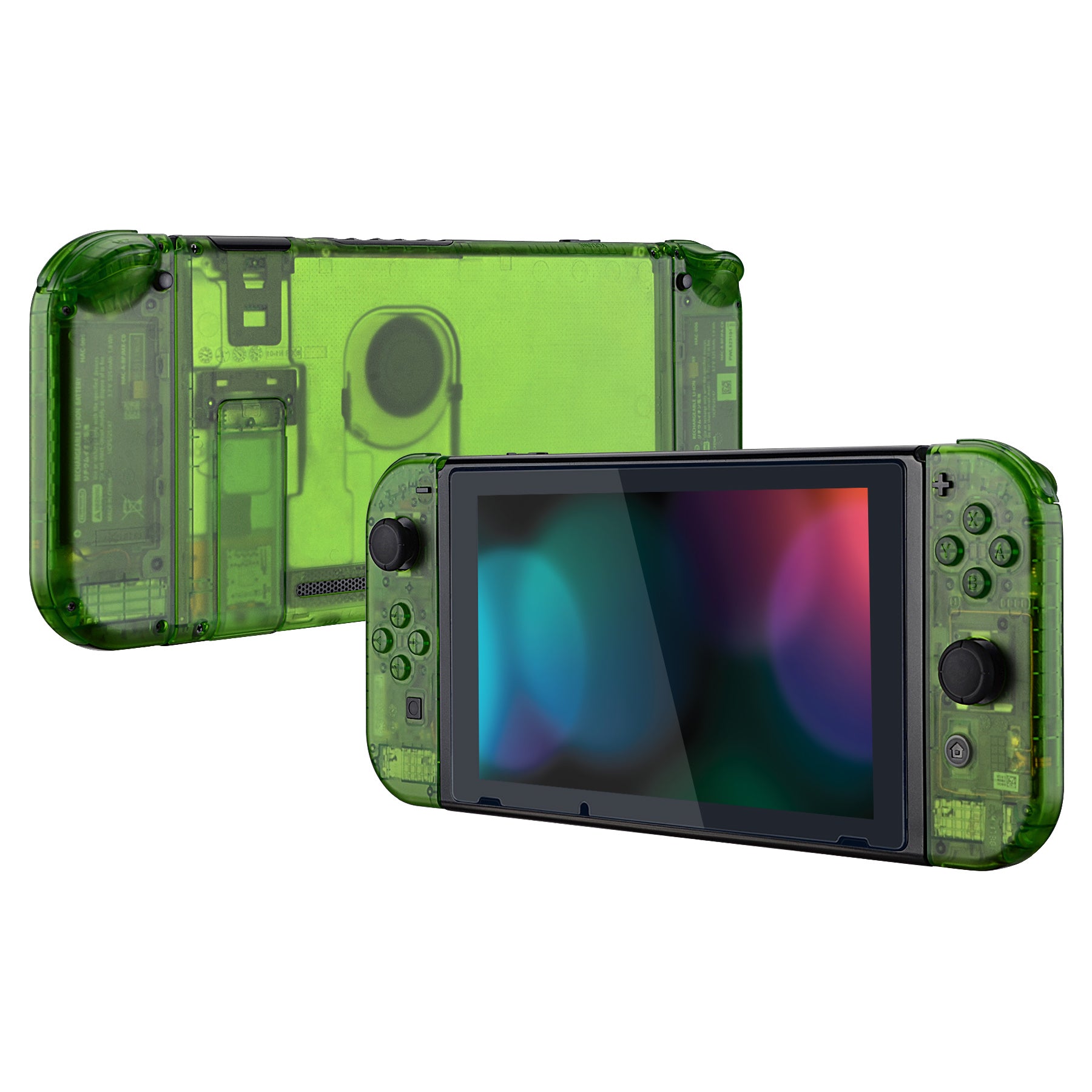 ExtremeRate Clear Green Transparent Back Plate & Full Button Set for Nintendo Switch Console & Joy-Con Controllers - DIY Replacement Shell (Model QM503) - Perfect for Gaming, Customization & Repair