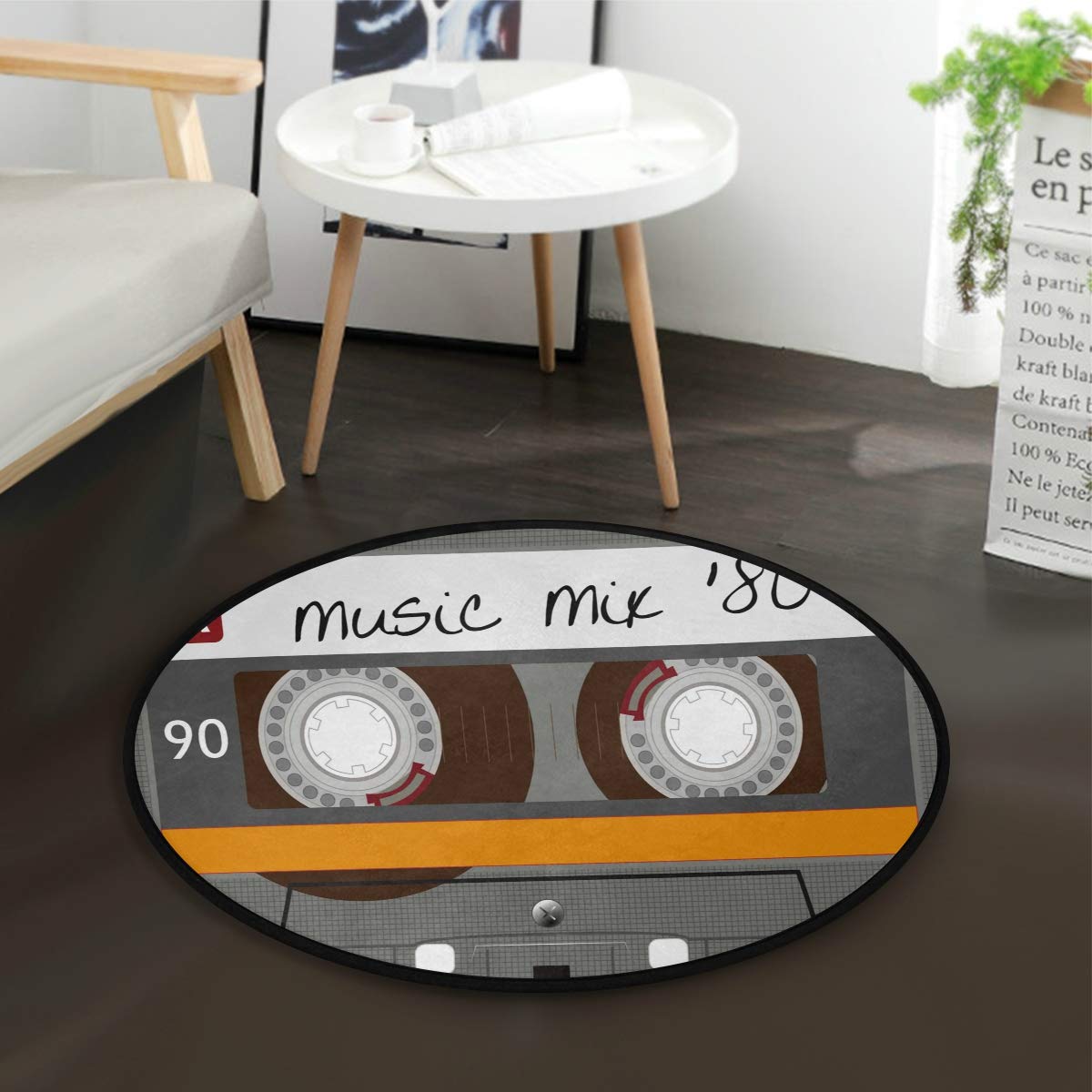 ALAZA Vintage Music Cassette Tape Round Area Rug - 3' Diameter (92cm) Non-Slip Soft Carpet for Living Room, Bedroom, Dorm Decor - Perfect for Music Lovers & Retro Style Home Decoration