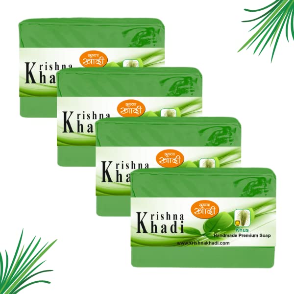 Krishna Khadi Premium Soap Bar KHUS (Pack of 4) 125gm Each | Pure & Gentle Moisturizing Bath Soap for Dry Skin | Ayurvedic Herbal Cleansing Bar for Daily Shower & Spa Relaxation