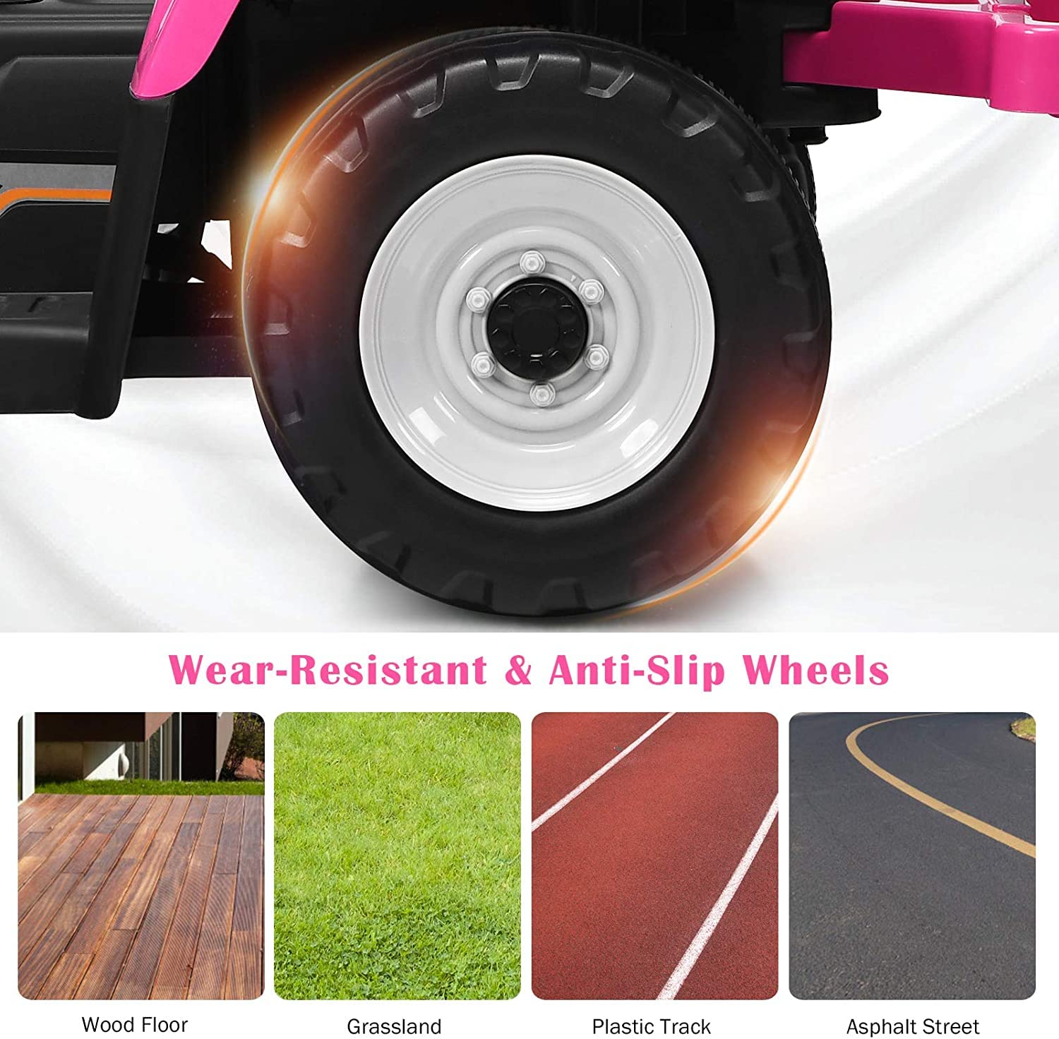 GLACER 12V Battery Powered Kids Ride on Tractor with Trailer - Remote Control Electric Toy Car with 3-Speed Gear Shift, LED Lights, Music & USB Port - Pink Ground Loader Tractor for Outdoor Play, Backyard Fun & Birthday Gifts for Toddlers Ages 2-5 Years