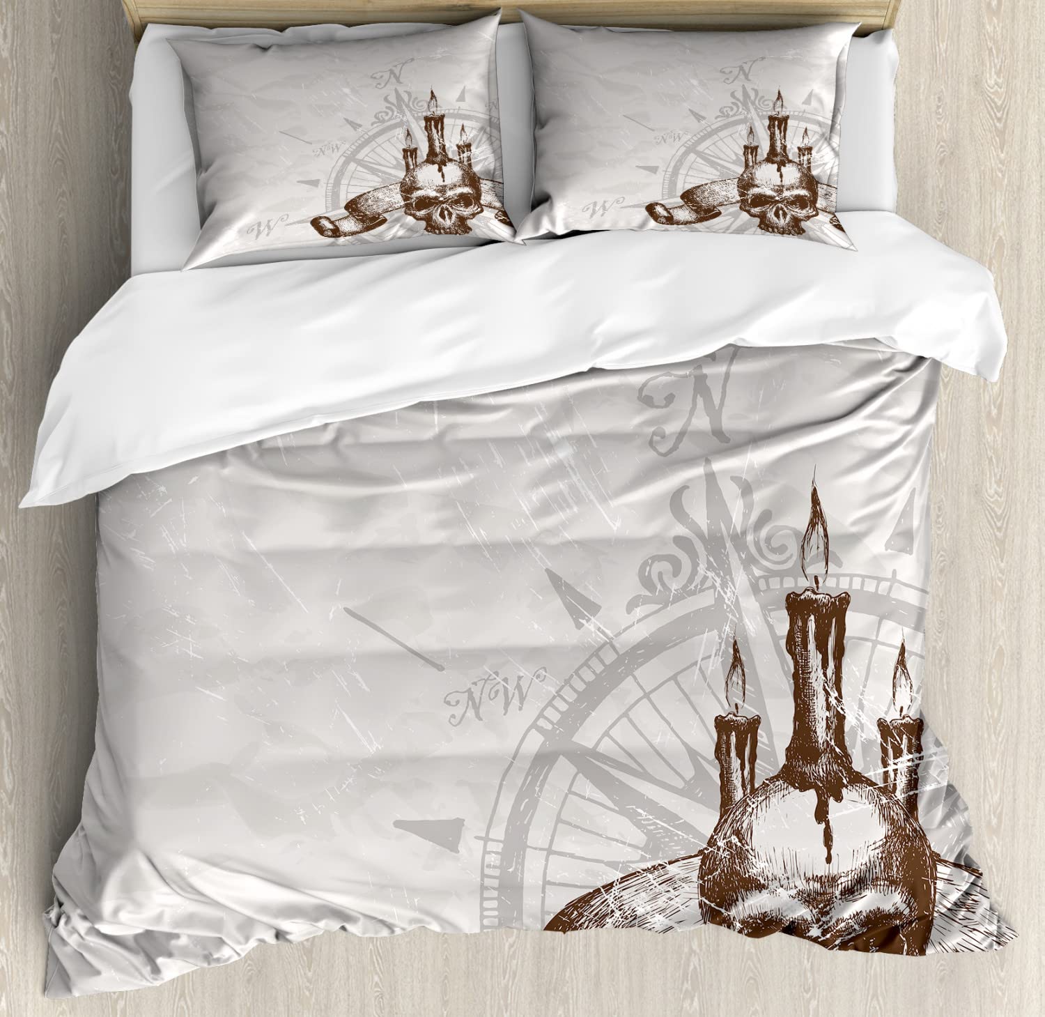 Ambesonne Pirate Adventure Duvet Cover Set - King Size 2 Pack, Windrose Skull & Candles Design in Brown Pearl Grey, Includes 2 Duvet Covers & 4 Pillowcases - Perfect for Halloween Decor, Nautical Themed Bedrooms & Gothic Home Decor