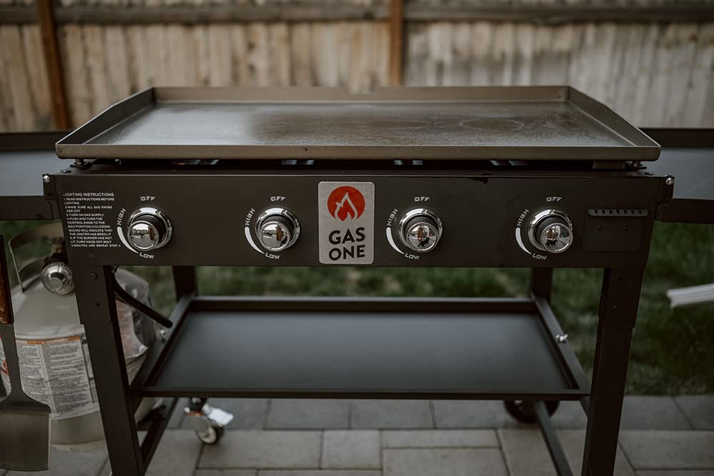Gas One 36-Inch Flat Top Propane Grill Griddle - Foldable 4-Burner Outdoor Cooking Station with Pre-Seasoned Surface & Side Shelves - Professional Black Griddle for Backyard BBQ, Tailgating & Camping