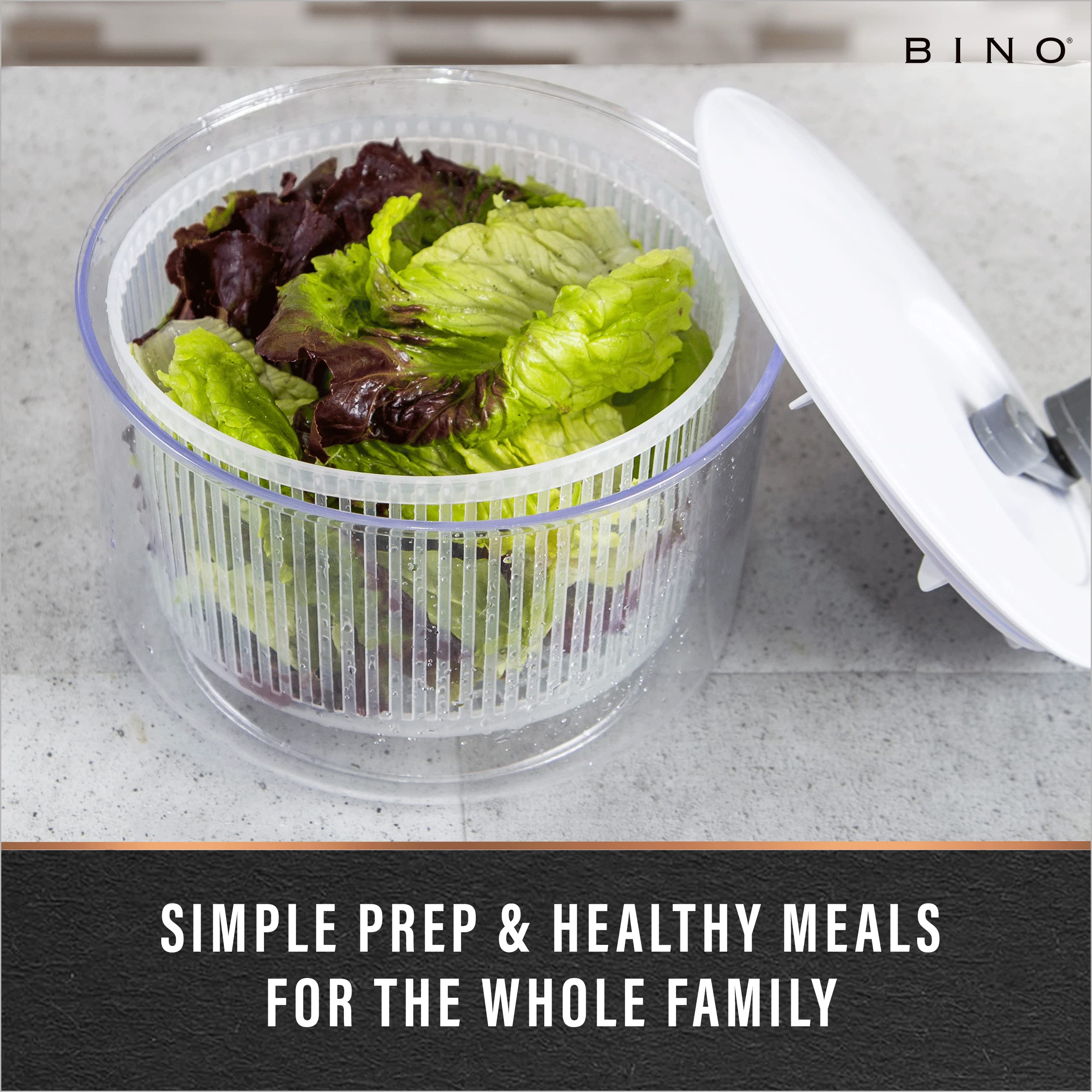BINO 2.75 Qt Manual Salad Spinner - Lettuce Dryer with Serving Bowl, Fruit & Vegetable Basket, Pasta & Herb Strainer - Perfect for Fresh Salads, Meal Prep & Healthy Cooking | Kitchen Gadgets for Home Chefs