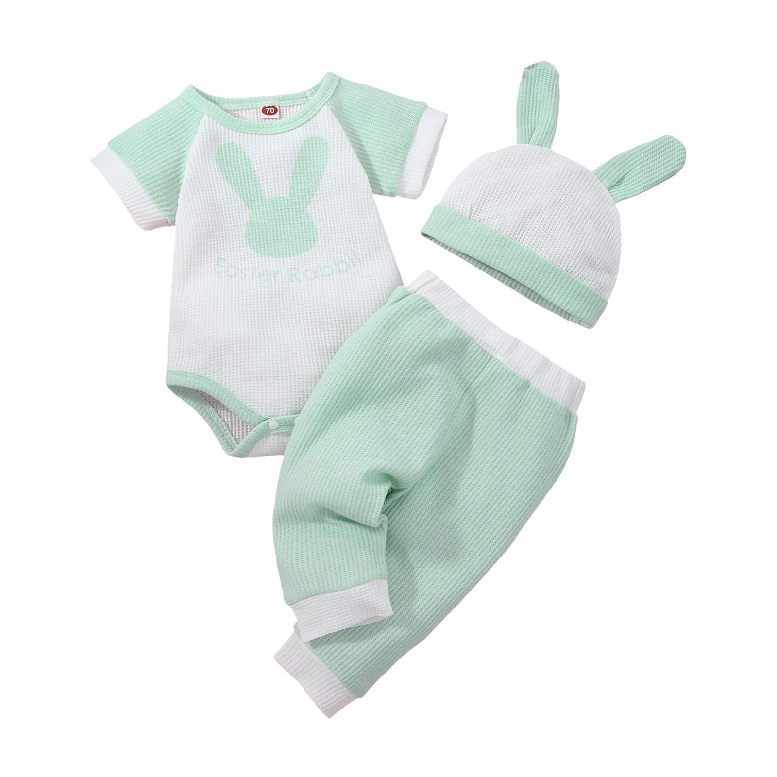 3Pcs Newborn Baby Boys Easter Bunny Outfit Set - My First Easter Printed Short Sleeve Romper with Pants & Bunny Ear Hat | Perfect for Easter Photo Shoots, Spring Celebrations & Holiday Family Gatherings