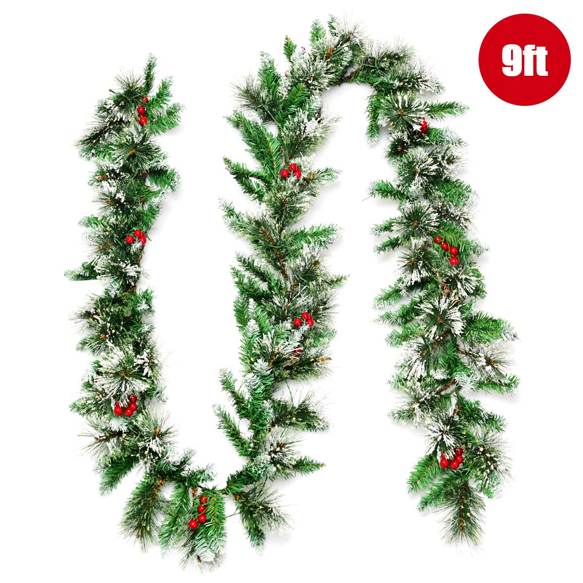 Goplus 9FT Pre-lit Artificial Christmas Garland with 50 LED Lights & Red Berries - Pine Rattan Holiday Decor with Timer for Christmas Tree, Mantel, Staircase, Wedding & Party Decorations