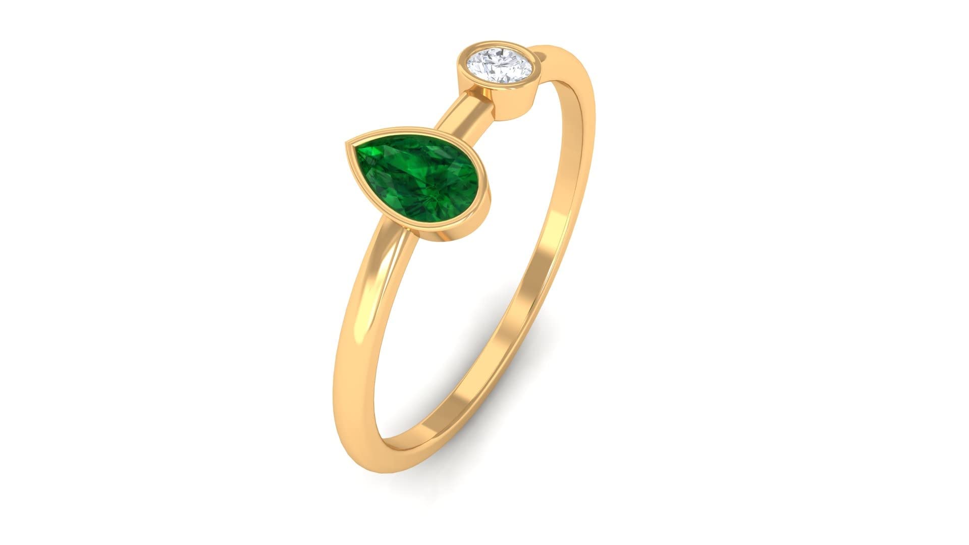 14K Solid Gold Two Stone Created Emerald & Diamond Ring – Bezel Set Promise Ring for Engagement, Anniversary, or Gift