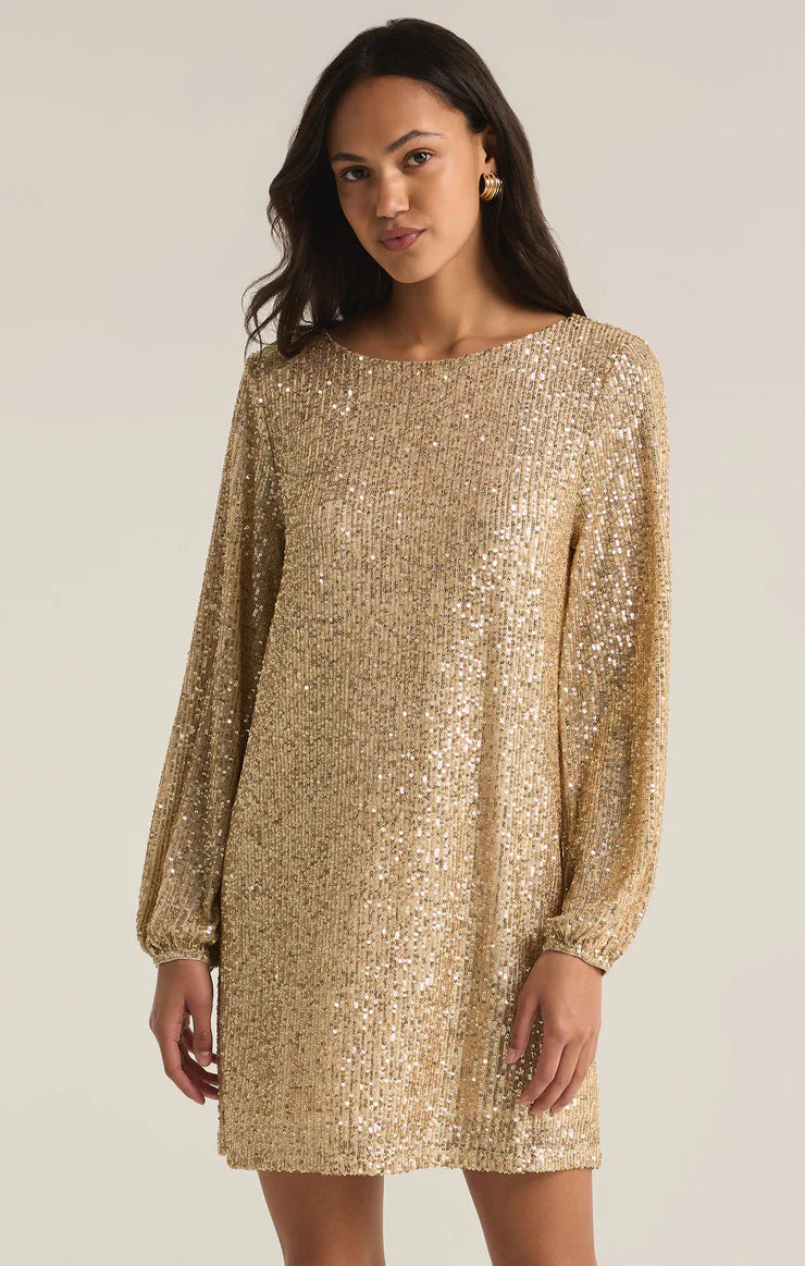 Z Supply Andromeda Champagne Sequin Mini Dress - Sparkly Party Dress for Women, Night Out, Wedding Guest, Holiday Celebration
