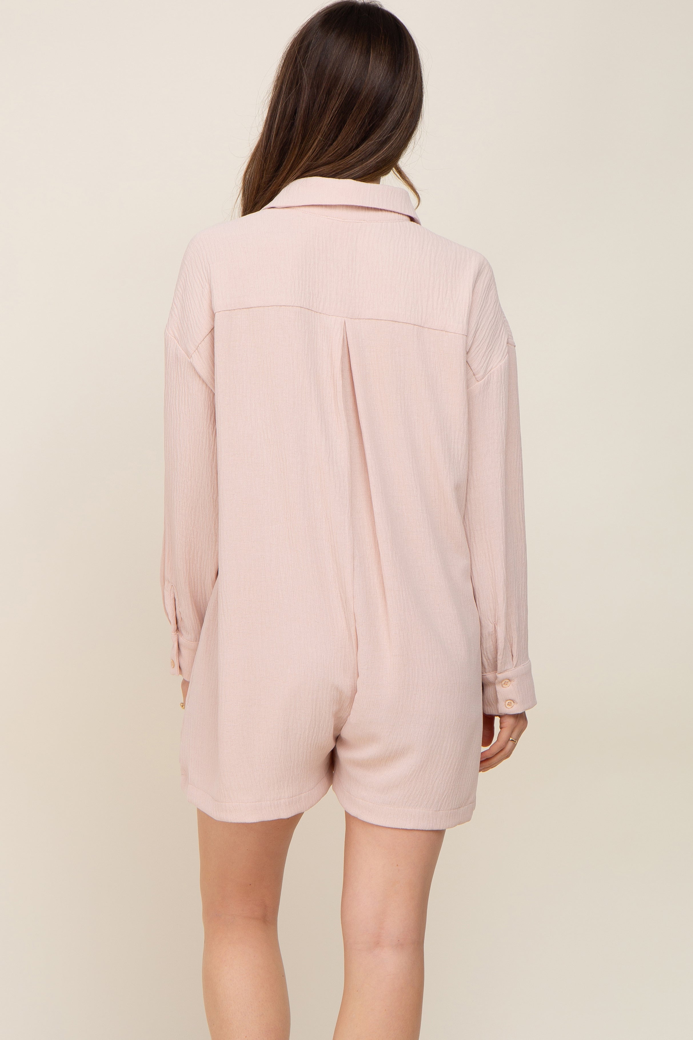 Beige Long Sleeve Button Down Maternity Romper for Women - Comfortable Pregnancy Jumpsuit with Pockets | Perfect for Maternity Photos, Baby Showers & Everyday Wear