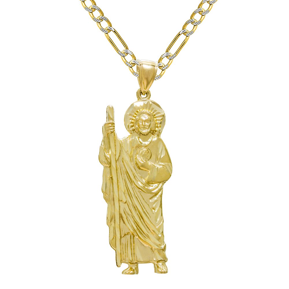 14K Yellow Gold San Judas (St. Jude) Charm Pendant Necklace with 2.3mm White Pave Figaro Chain - Religious Jewelry for Protection & Faith - Perfect for Gifts, Daily Wear & Special Occasions