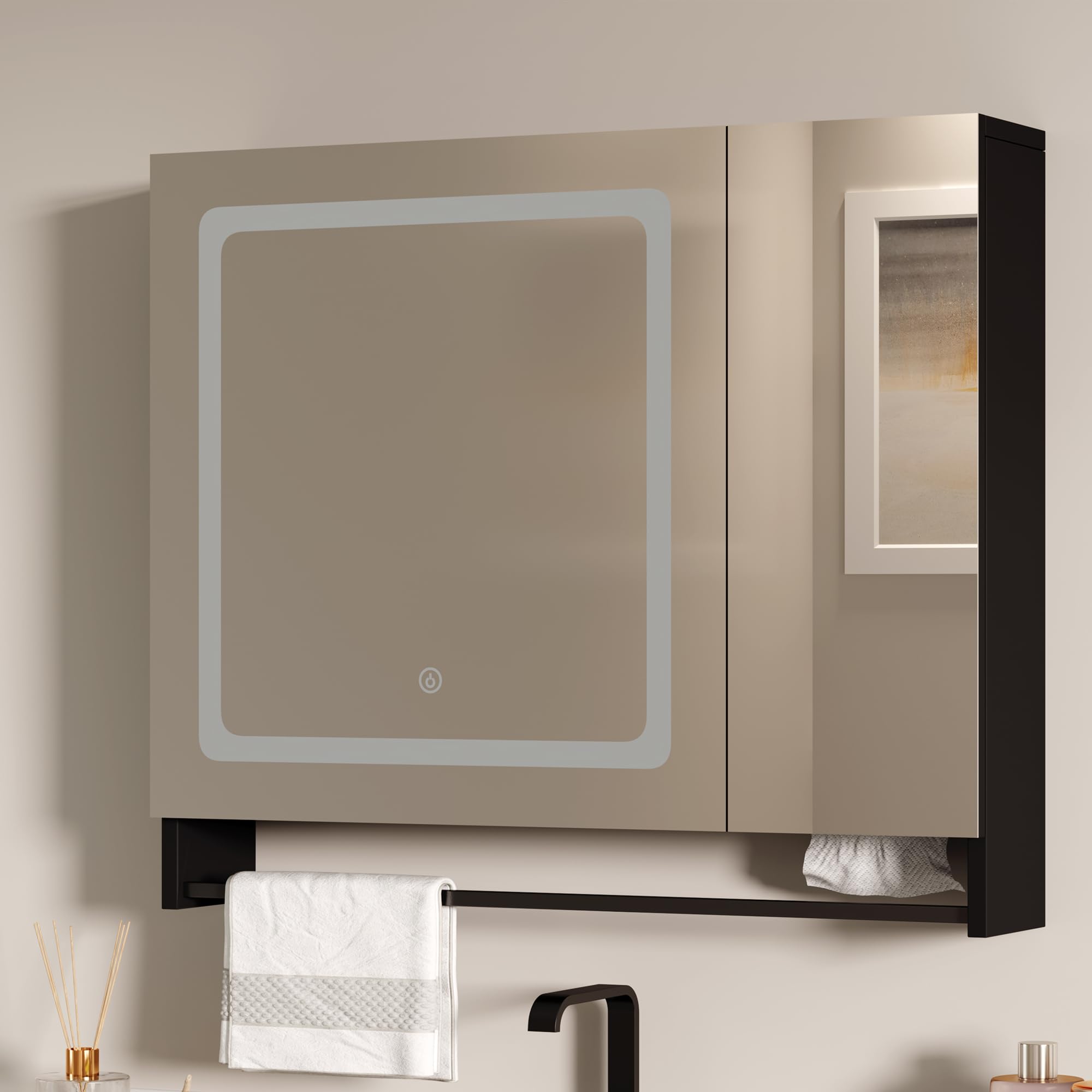 ChooChoo LED Medicine Cabinet with Mirror - Wall Mounted Bathroom Storage with Adjustable Shelves & Towel Bar, Black - Perfect for Modern Bathrooms & Vanity Organization