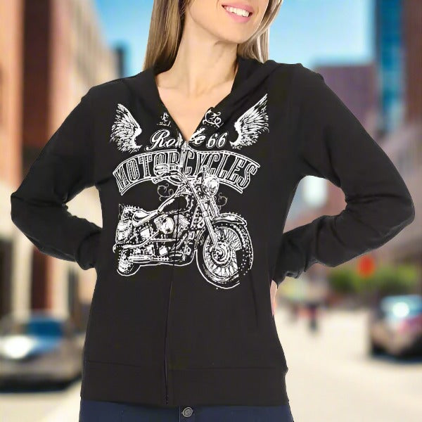 Platinum Plush Women's Route 66 Full Zip Hoodie Sweatshirt - Vintage Travel Inspired Pullover for Road Trips & Casual Outings