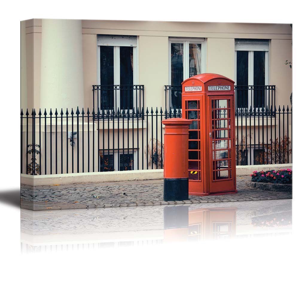 Vintage Retro Style Red Telephone Booth & Mailbox London Street Canvas Wall Art - 12x18 Inches - Perfect for Living Room, Office & British-Themed Decor