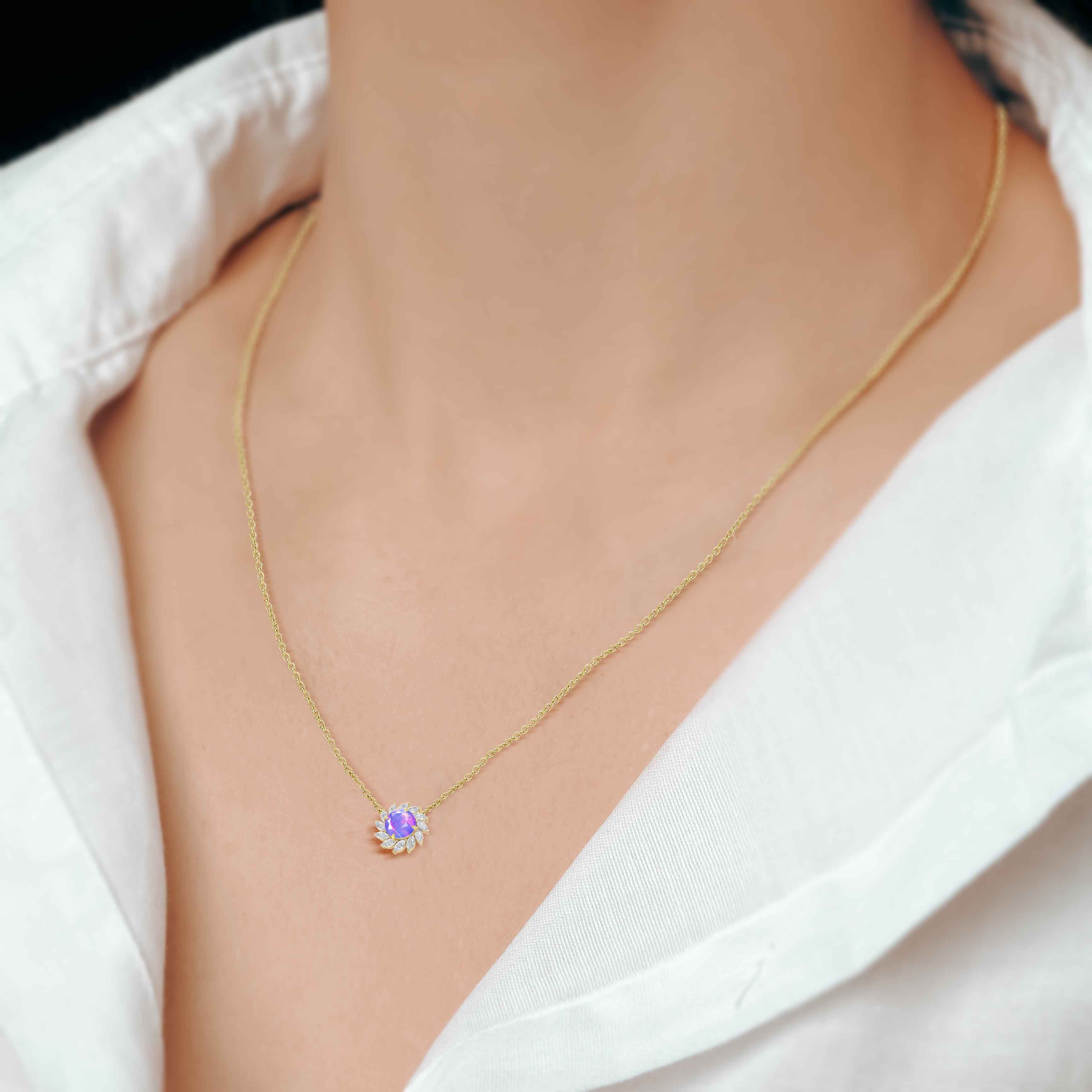Sunflower Charm Pendant Necklace with Natural Lavender Opal & White Zircon - Perfect for Boho Jewelry, Summer Outfits & Gift Giving