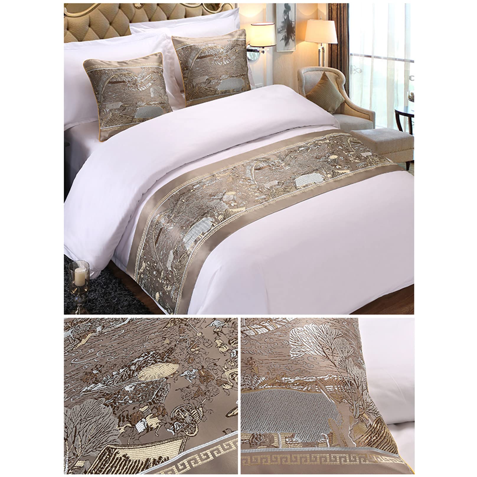 Jacquard Bed Runner for Foot of Bed - 82x20 Inch Gold Floral Bedspread Throw, Bed Scarf & End Towel Cover - Hotel & Home Bedroom Decor - Perfect for Queen Size 150cm Beds (210x50cm)