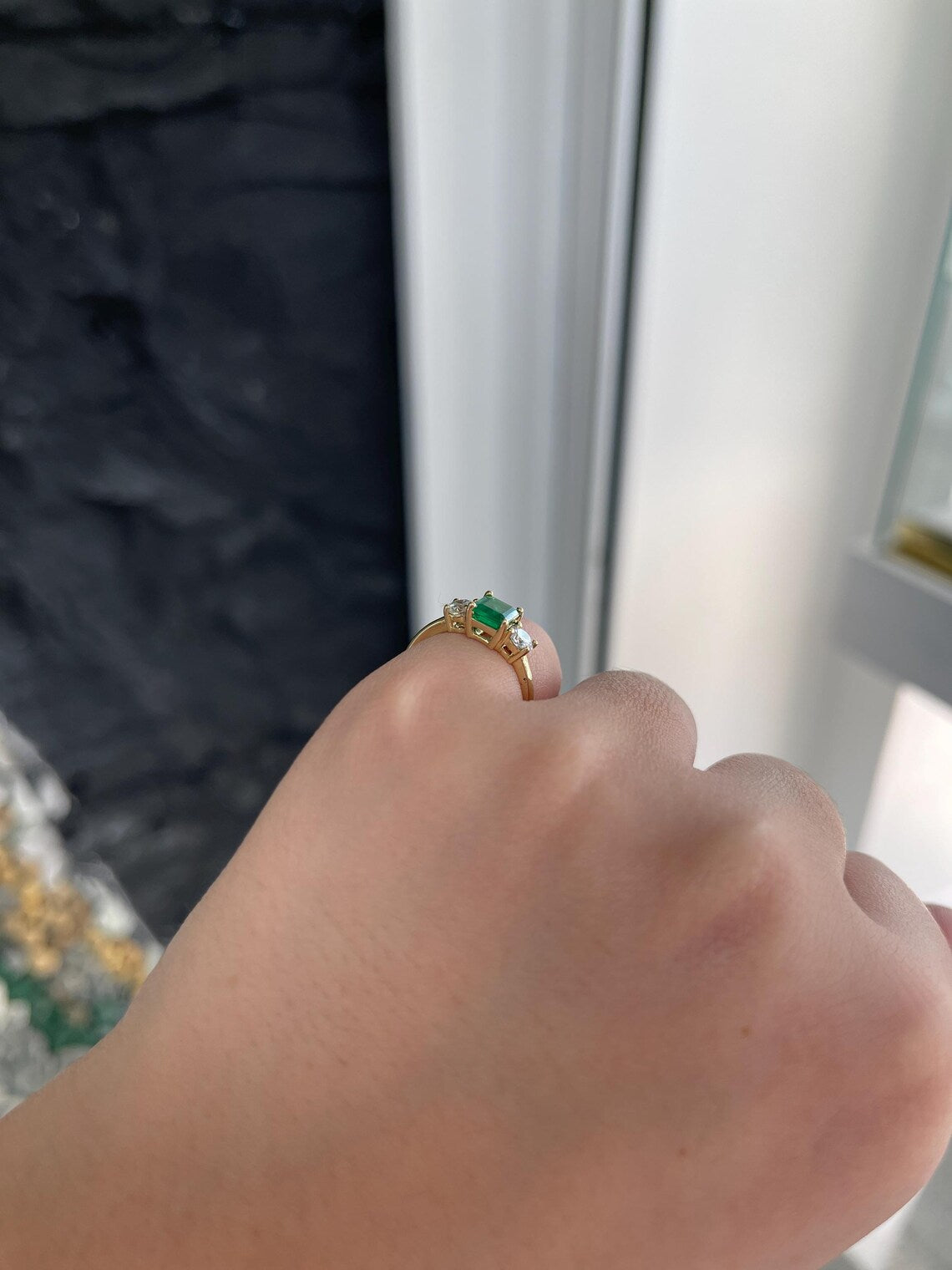 1.34ct Vivid Emerald Cut Emerald & Round Diamond Accent Engagement Ring - Elegant Proposal, Wedding, Anniversary Gift for Her