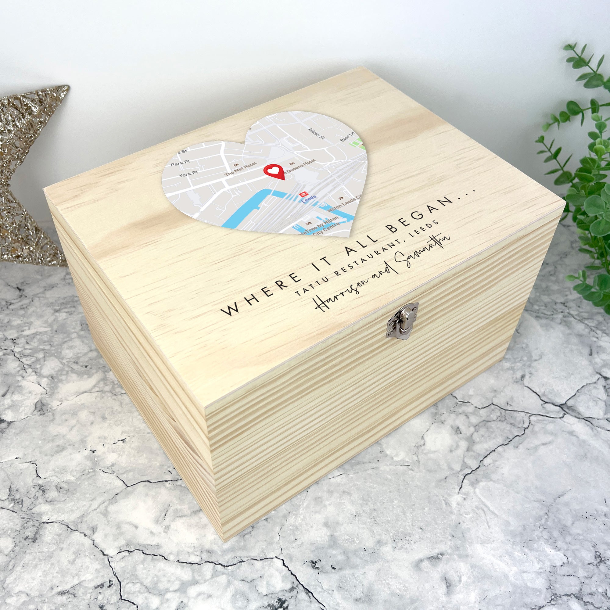 Personalized Heart Map Location Wooden Keepsake Memory Box - Custom Engraved Gift for Anniversary, Wedding & Couples (5 Sizes: 16cm, 20cm, 26cm, 30cm, 36cm) - Perfect for Storing Love Letters, Jewelry & Romantic Mementos