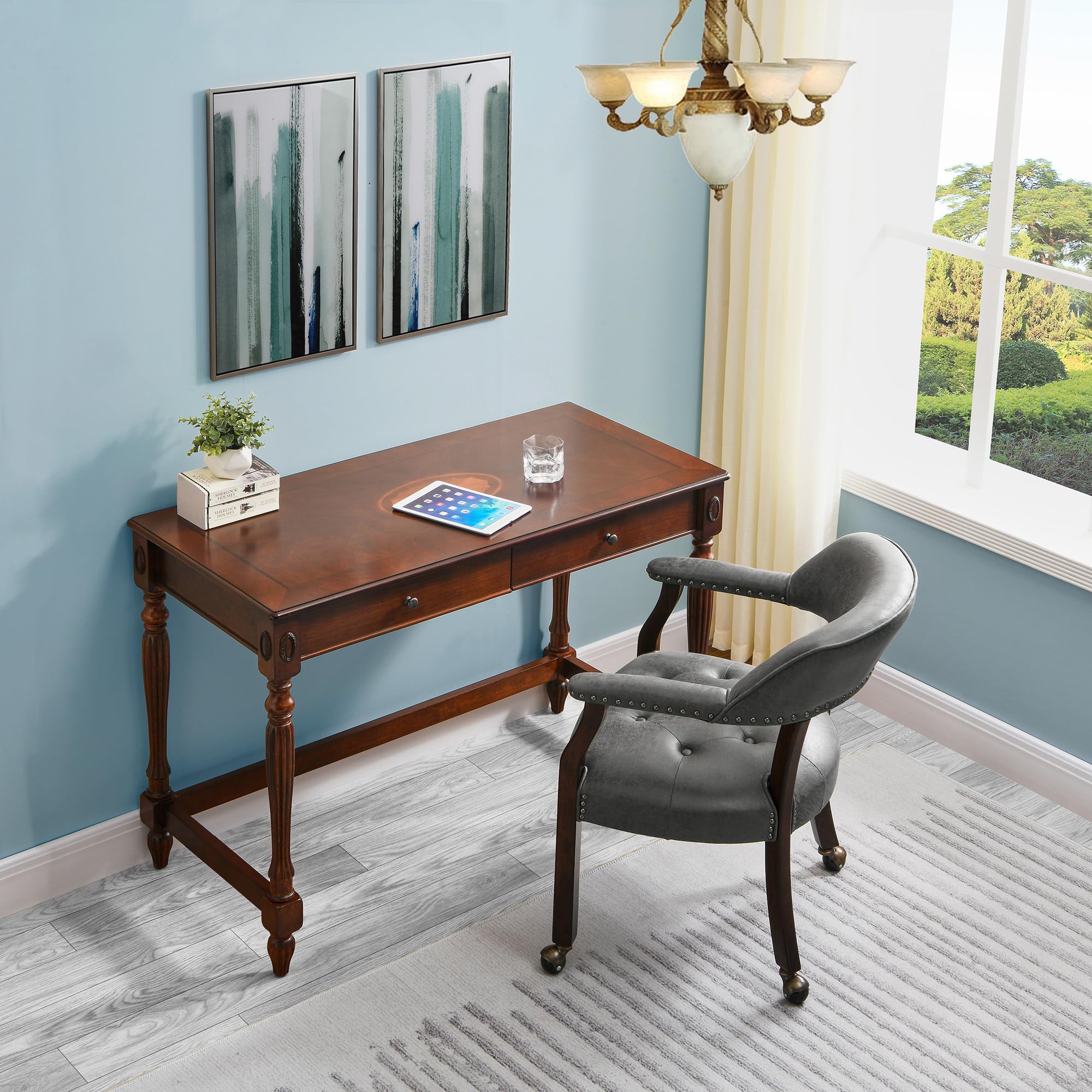 MODERION Solid Wood Executive Office Chair with Wheels & Arms - Classic Upholstered Swivel Desk Chair for Dining, Living Room & Home Office - 31.5