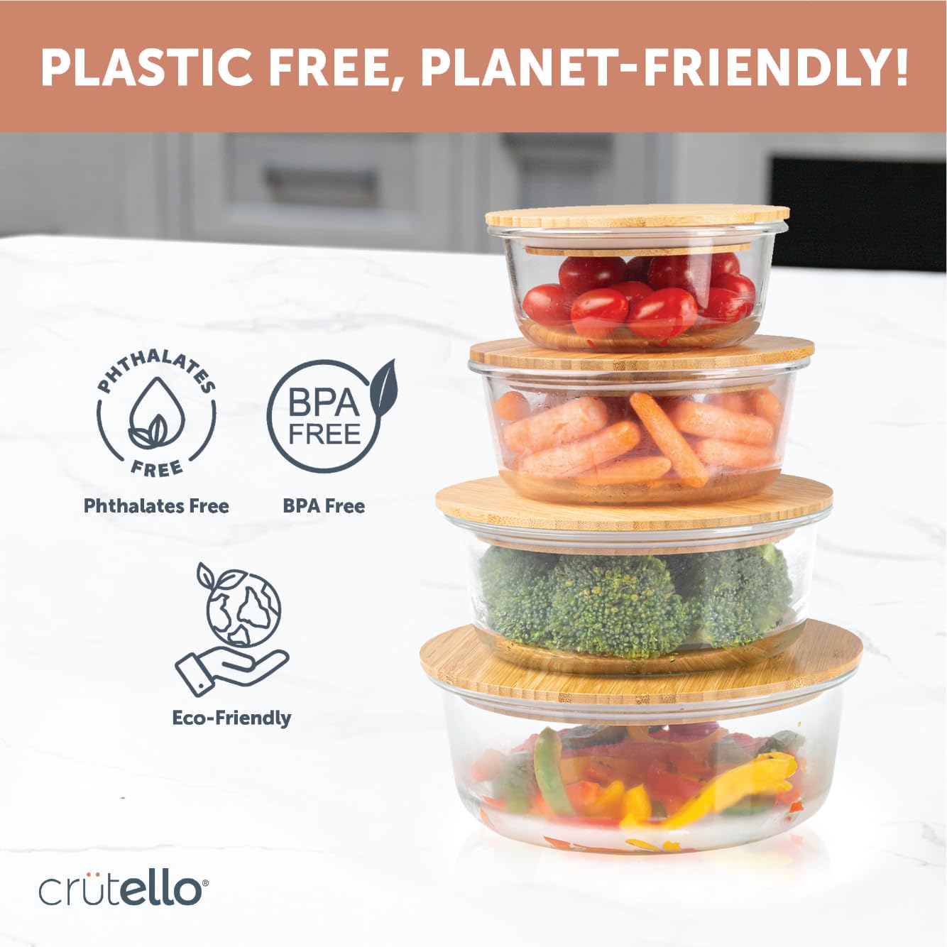 Crutello Glass Meal Prep Containers with Bamboo Lids - 4 Pack Airtight Clear Food Storage Containers for Kitchen Organization | BPA-Free, Leakproof & Stackable | Perfect for Meal Prepping, Leftovers & Pantry Storage | Family-Owned American Brand