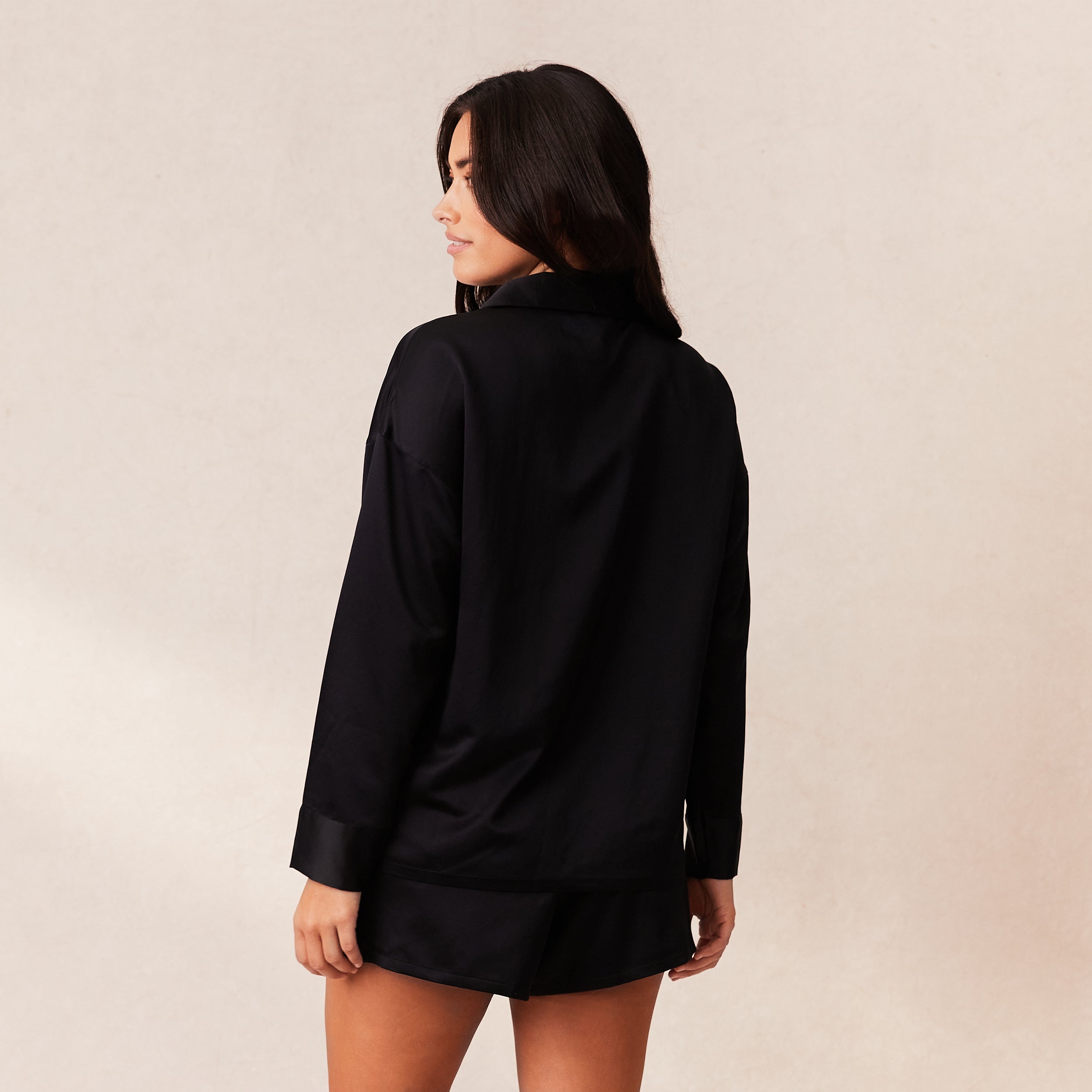 Classic Black Satin Pajama Shirt for Women - Comfortable Sleepwear & Lounge Wear for Nighttime Relaxation