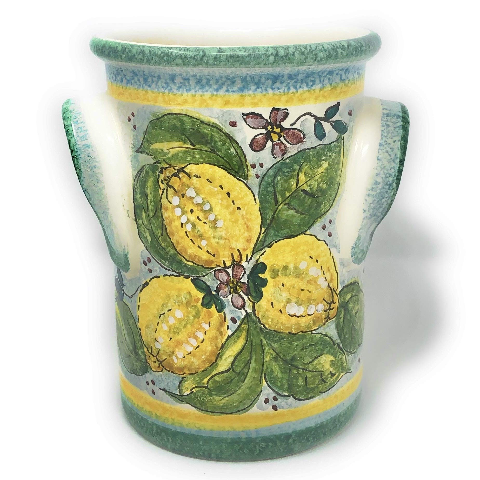 Hand Painted Italian Ceramic Utensil Holder & Wine Bottle - Tuscan Art Pottery with Lemon Decor - Made in Italy | Perfect for Kitchen Organization & Rustic Home Decor