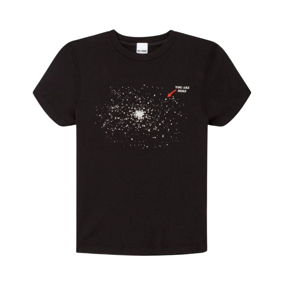 90s Vintage Baby Tee with Rhinestone Space Design - Washed Black Cotton T-Shirt for Women | Retro Fashion, Casual Wear & Party Outfits