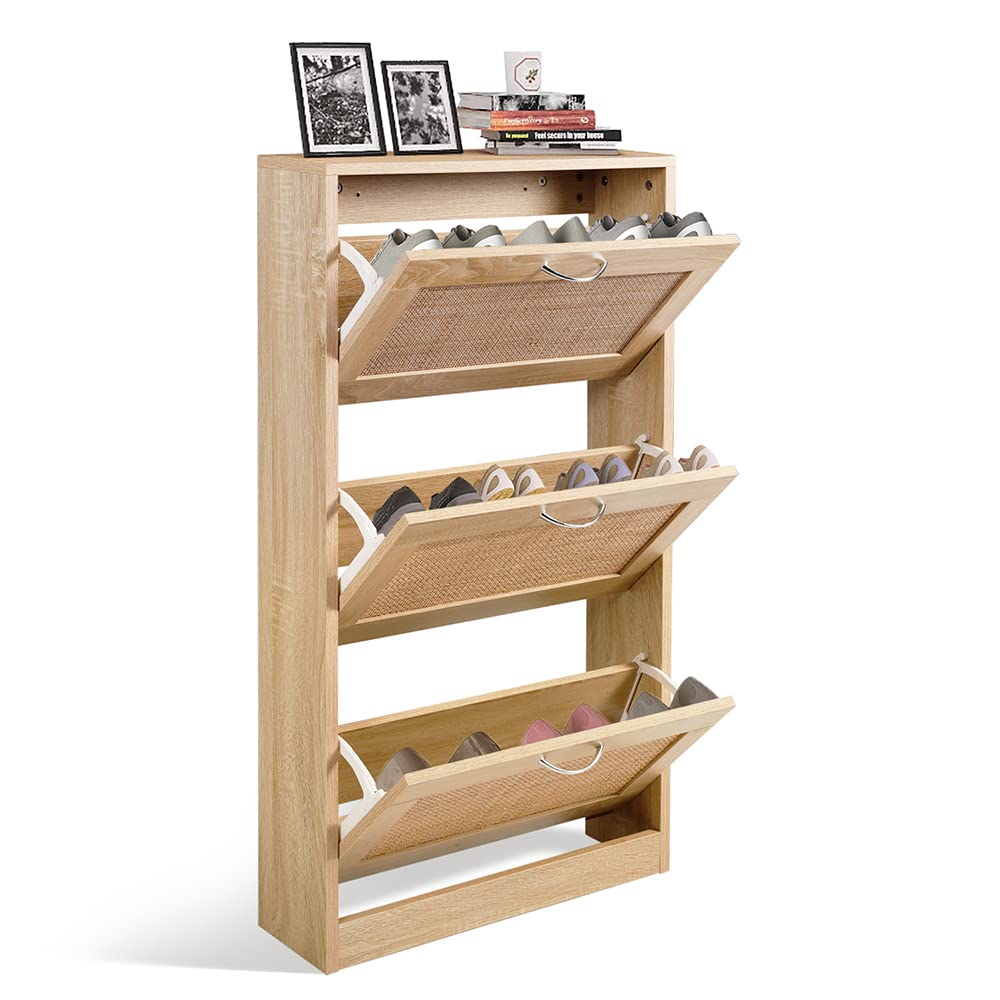 HOPUBUY 3-Tier Rattan Shoe Storage Cabinet - Narrow Entryway Shoe Organizer with Hidden Design for Home & Apartment - Natural Wood Slim Shoe Rack for Small Spaces - Perfect for Hallway, Closet or Bedroom Organization