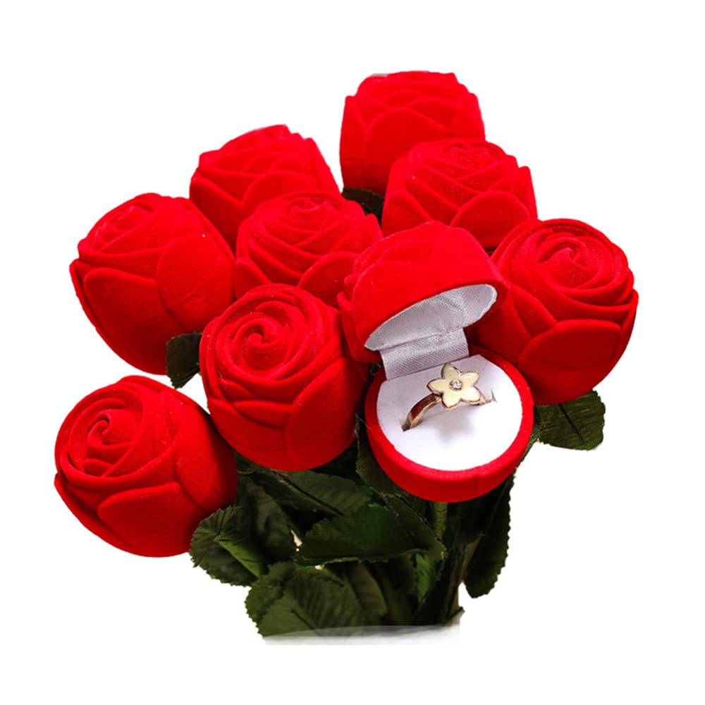 TEQIN 2-Piece Rose Ring Box Set - Velvet Jewelry Gift Box for Engagement Rings, Wedding Bands, Proposals, Anniversaries & Valentine's Day (Red) - Perfect for Romantic Surprises & Special Occasion Gift Giving