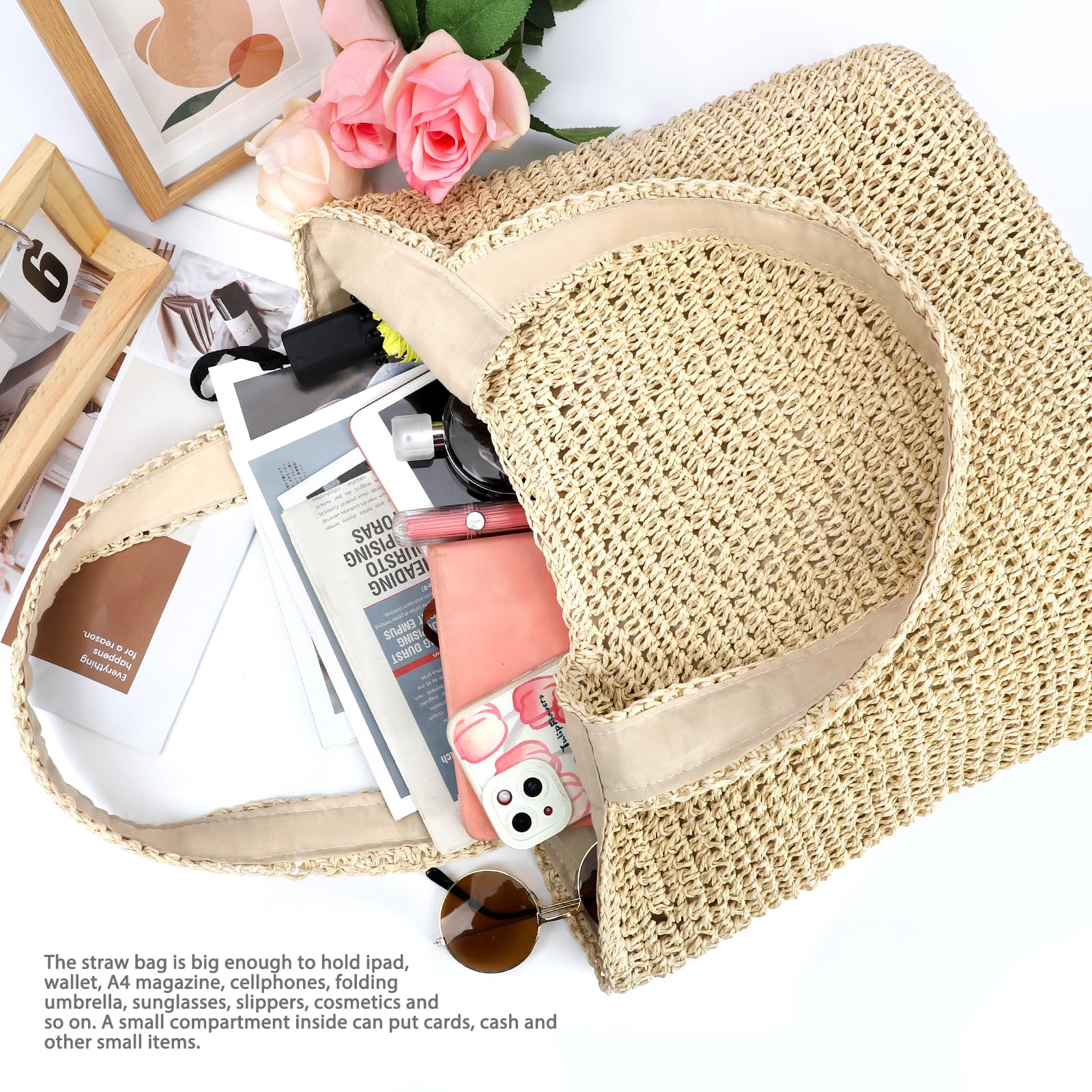 hatisan Straw Beach Bag for Women - Summer Woven Tote Shoulder Handbag - Boho Style Beach Accessory for Pool, Vacation & Outdoor Activities