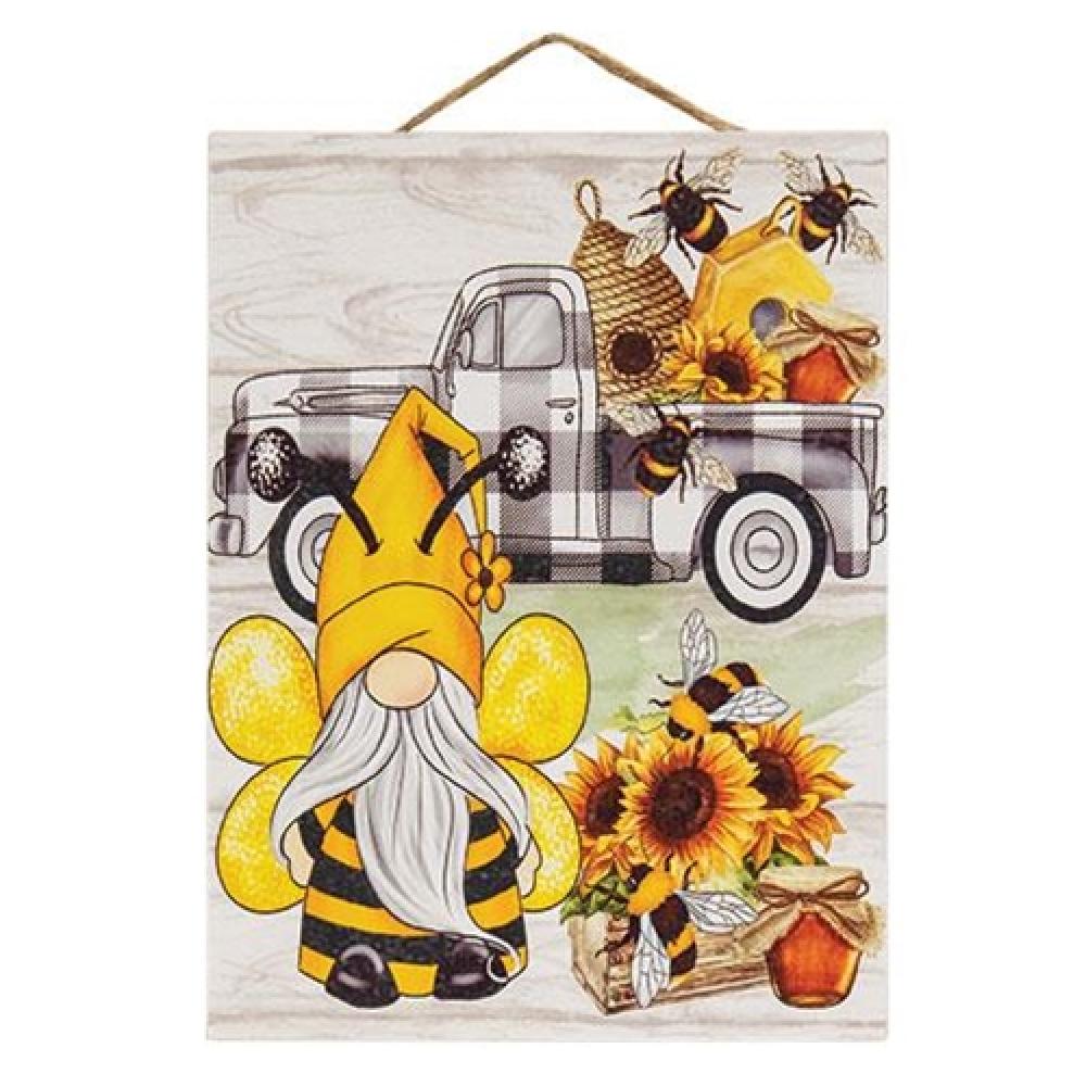Bumblebee Gnome with Buffalo Check Truck Hanging Sign - Rustic Farmhouse Wall Decor for Garden, Patio, and Home Entrance