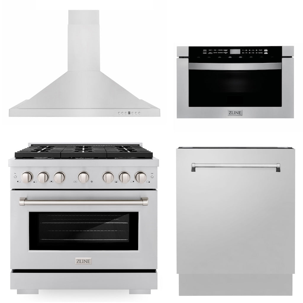 ZLINE 36-Inch Professional Kitchen Package - Stainless Steel Gas Range, Range Hood, Microwave Drawer & Tall Tub Dishwasher (4KP SGRRH36 MWDWV) | Perfect for Modern Home Chefs & Open-Concept Kitchens
