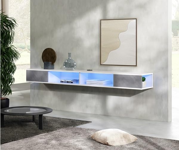 WAMPAT 70 Inch Floating TV Stand for 75 Inch TVs - Modern Wall Mounted Entertainment Center with Storage - White & Gray TV Console for Living Room, Bedroom & Home Theater Setup