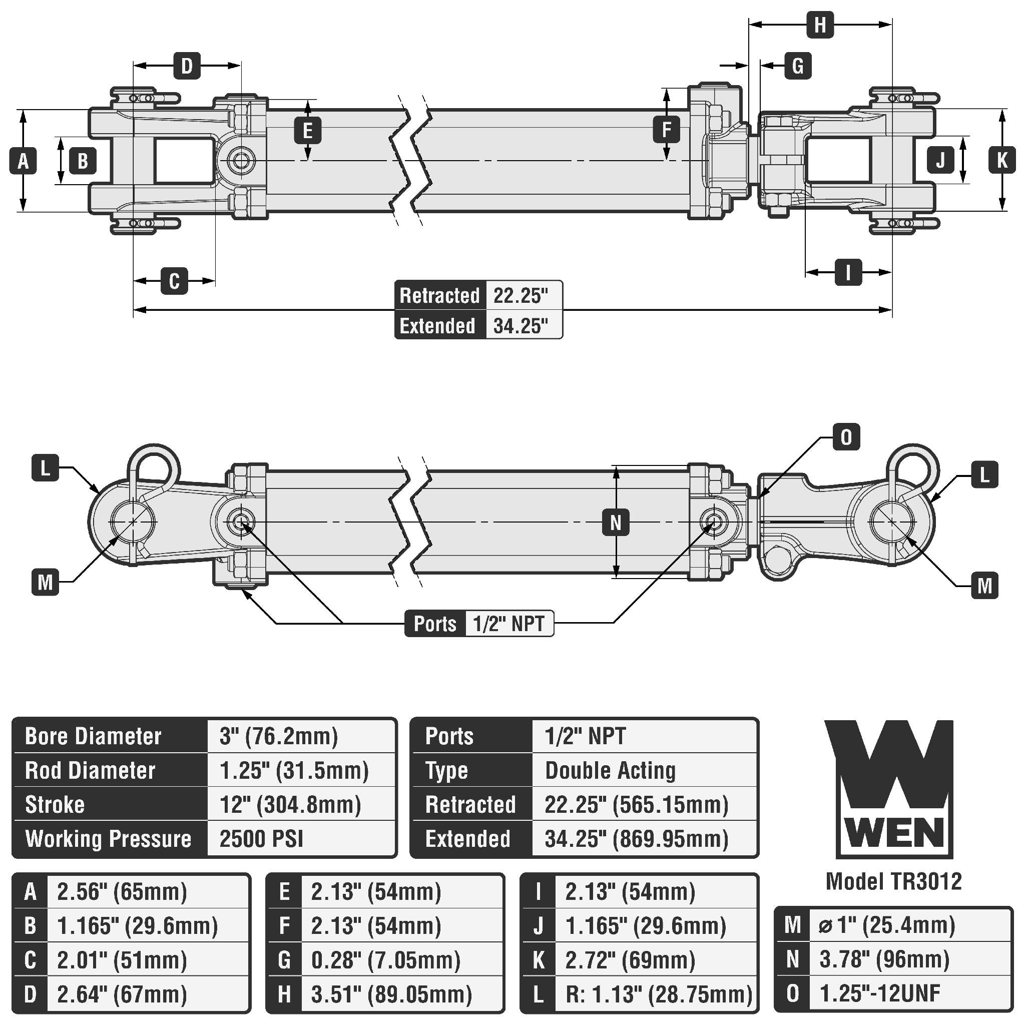 WEN TR3012 2500 PSI Heavy Duty Hydraulic Cylinder - 3 Inch Bore, 12 Inch Stroke for Industrial Machinery, Construction Equipment, and Agricultural Applications