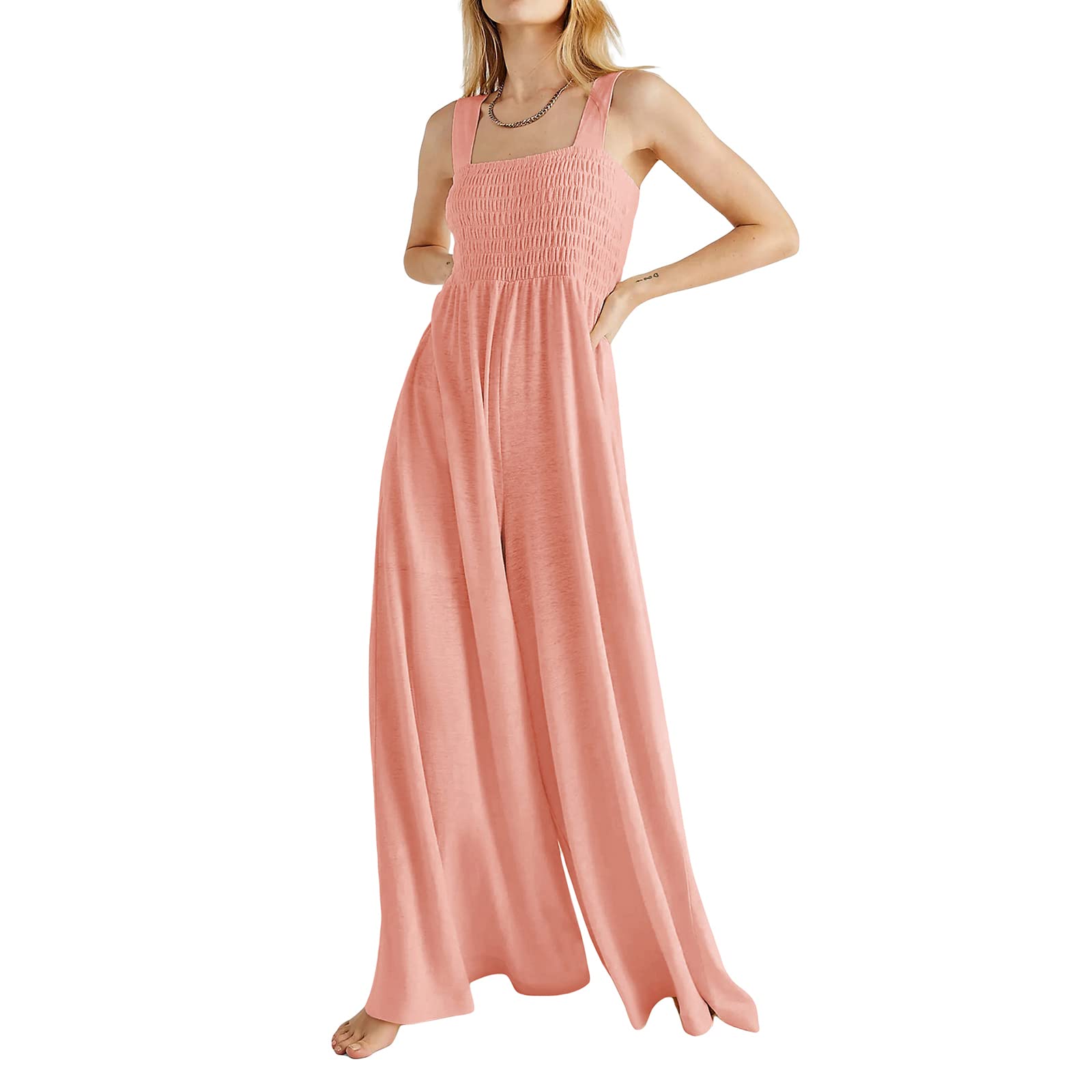 Women's Summer Frill Jumpsuit - Plain Ruched Chest Wide Strap Loose Romper with Wide-Leg Long Pants | Casual Outfit for Beach, Vacation & Summer Parties