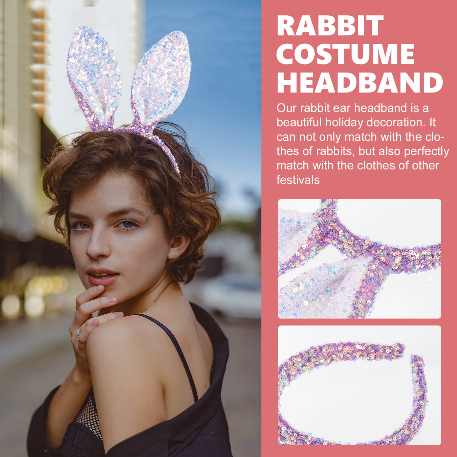 2pcs Sequined Rabbit Ear Headbands for Kids & Women - Plush Bunny Ears Headwear for Halloween, Cosplay, Birthday Parties & Costume Events - Soft Fabric Animal Headbands for Dress Up & Makeup Accessories
