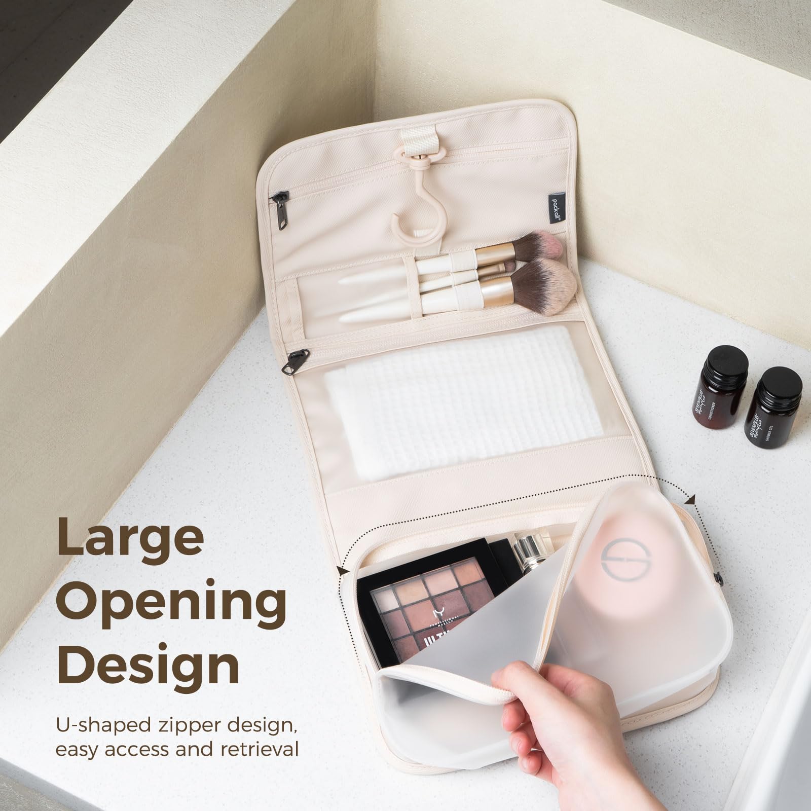 Hanging Travel Toiletry Bag - Foldable Water-Resistant Cosmetic Organizer with Multiple Compartments for Makeup & Accessories (Light Beige) | Perfect for Vacation, Gym & Business Trips