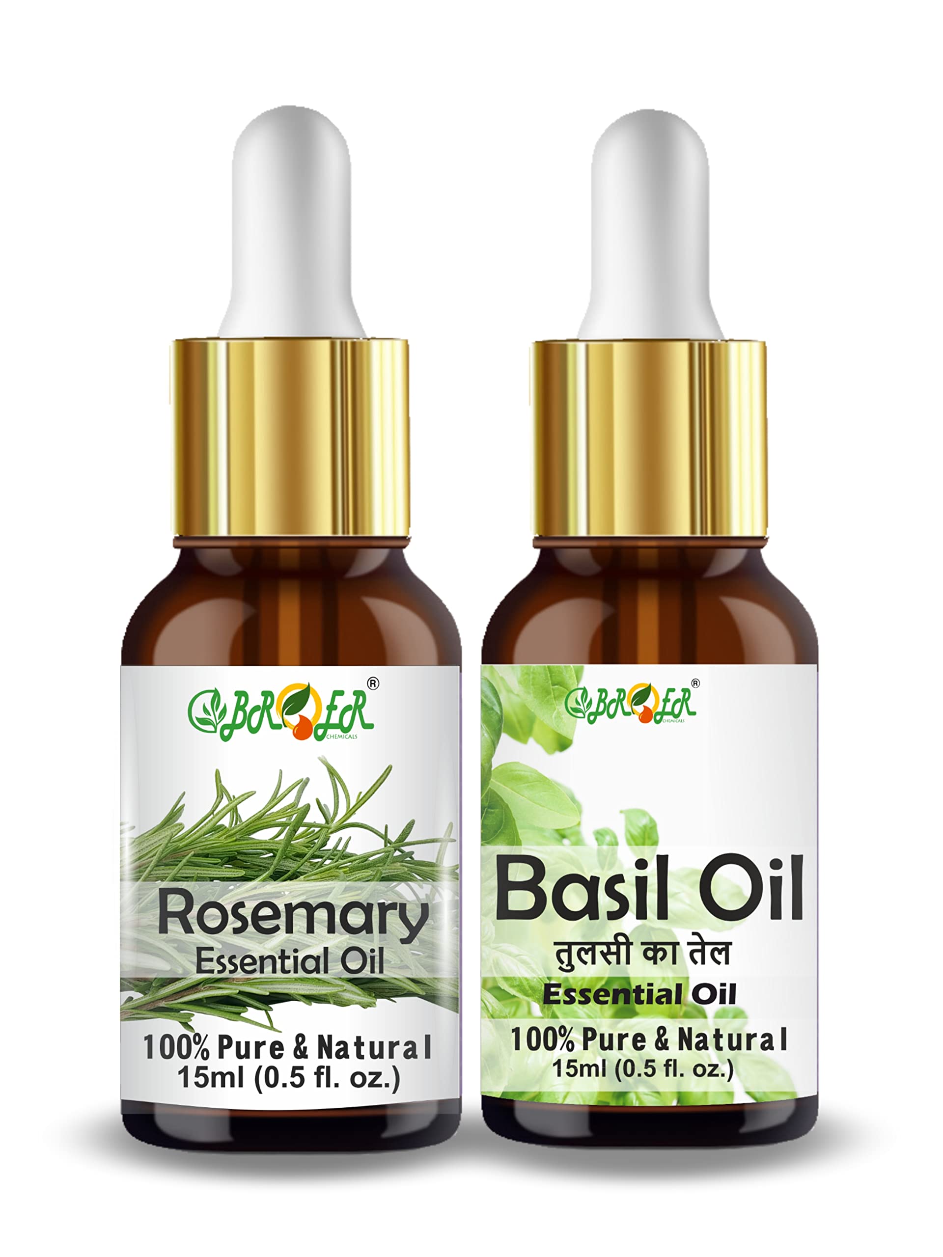 BROER 100% Pure Rosemary & Basil (Tulsi) Essential Oil Set for Hair Growth, Skin Moisturizing & Nourishment - Natural Undiluted Aromatherapy Oils (2x30ml) - Perfect for DIY Hair Care, Massage & Relaxation at Home