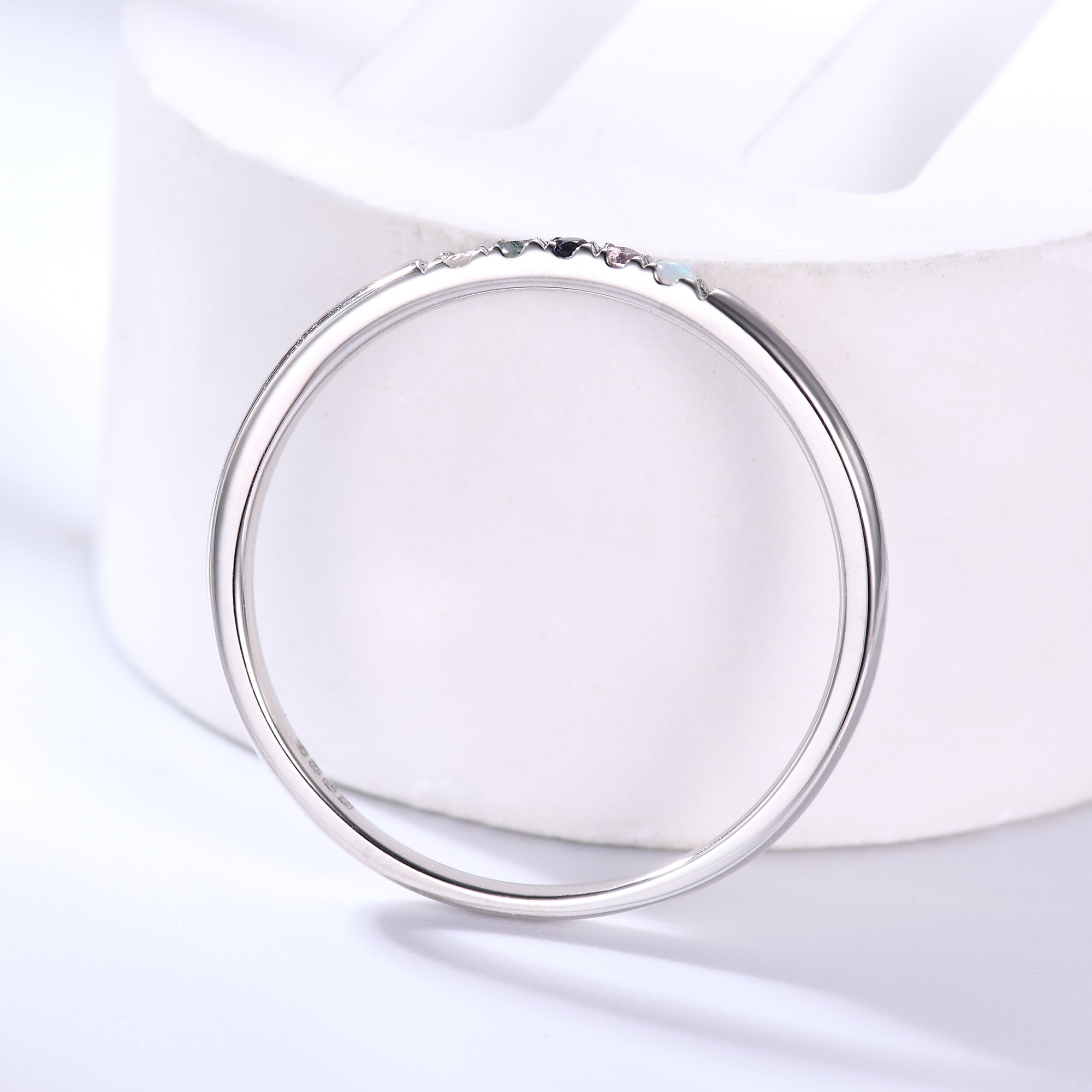 Personalized 5 Birthstone White Gold Ring for Mom - Moonstone, Moss Agate, Sandstone, Morganite & Opal - Perfect Gift for Mother's Day, Anniversary & Special Occasions