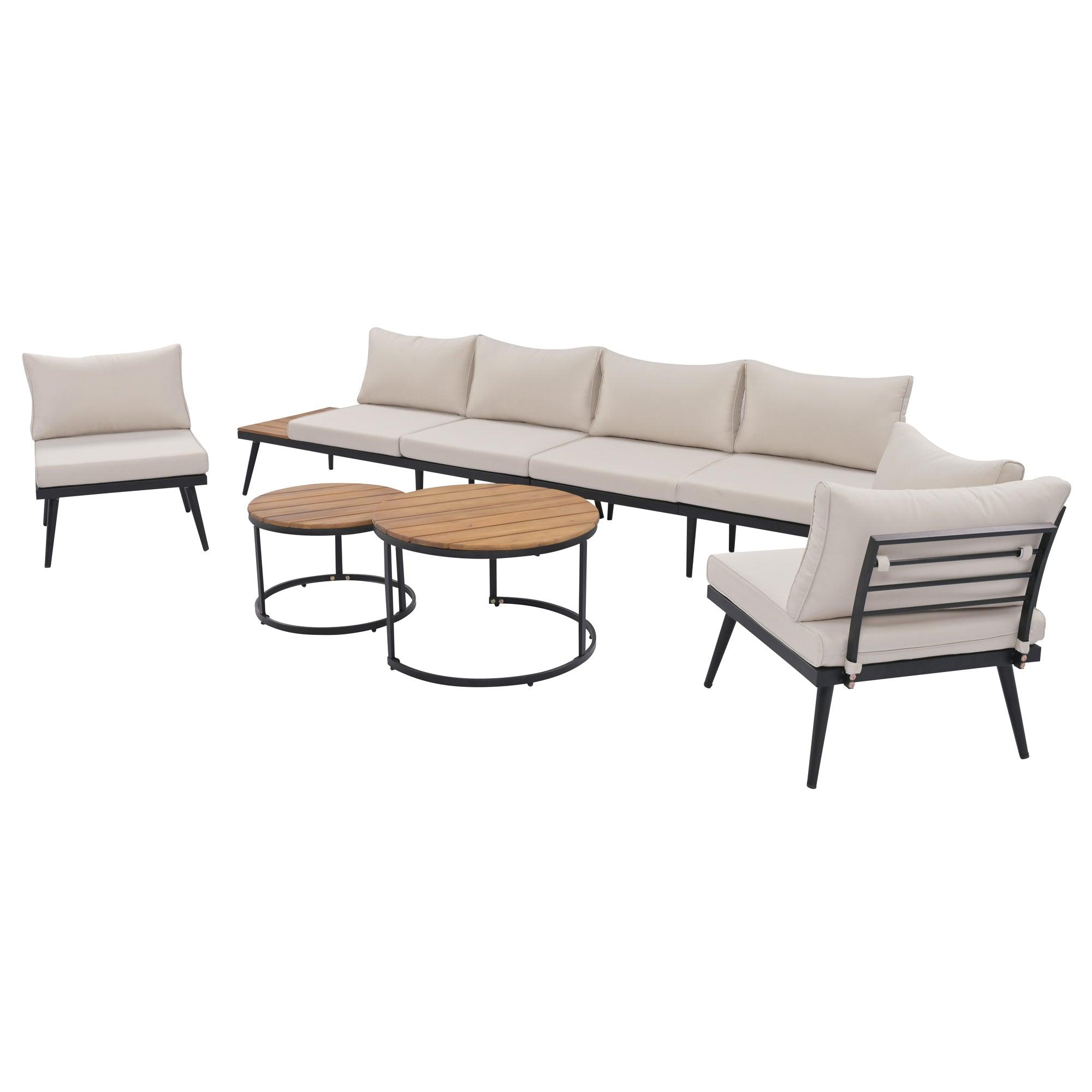 6-Piece Outdoor Sectional Sofa Set with Round Nesting Coffee Tables & Cushioned Seating - Patio, Porch, Garden Furniture for Backyard, Poolside & Outdoor Living Spaces