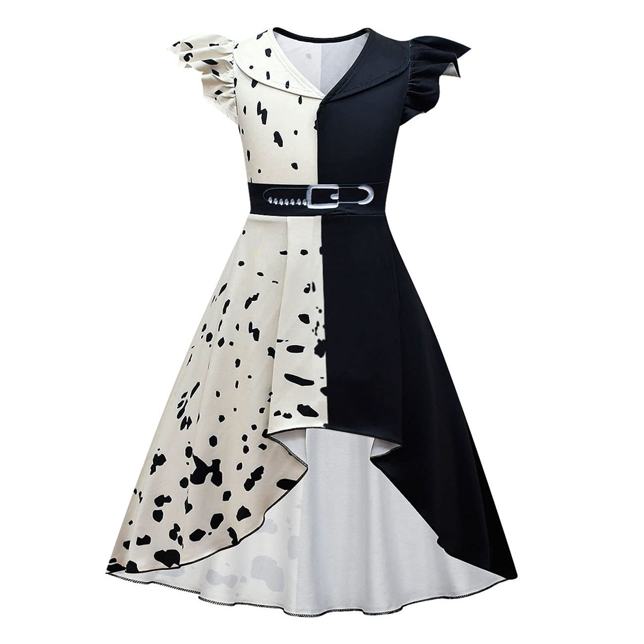 Cruella Deville Costume for Kids Girls - Black and White Spotted Dalmatian Dress Halloween Cosplay Outfit for Dress Up Party & Photo Shoot