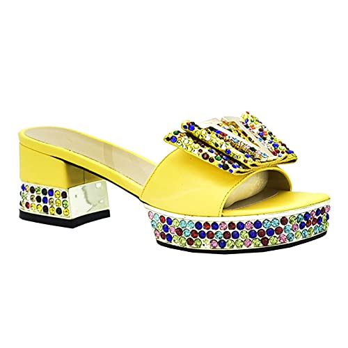 **Rhinestone Embellished Slip-On Wedding Pumps for Women – African Party Shoes for Brides & Special Occasions (Size 10.5, Yellow)**    *Perfect for Nigerian weddings, bridal showers, evening galas, and cultural celebrations.*