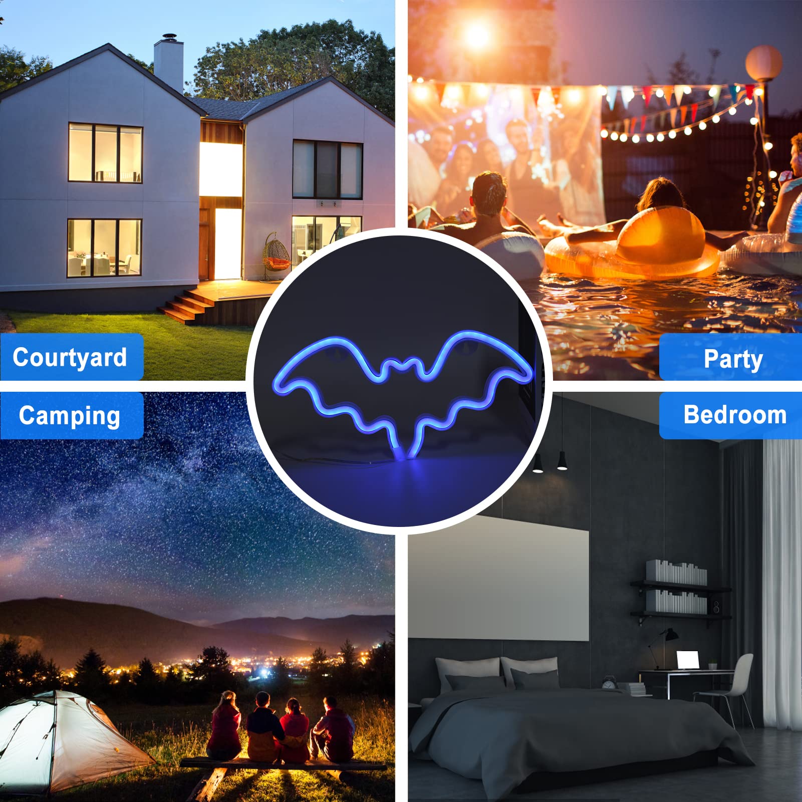Halloween Bat Neon Sign - LED Wall Decor for Halloween Party, Bar, Room & Kids Gift | Battery Powered Blue Neon Light Lamp for Spooky Home Decor & Themed Events