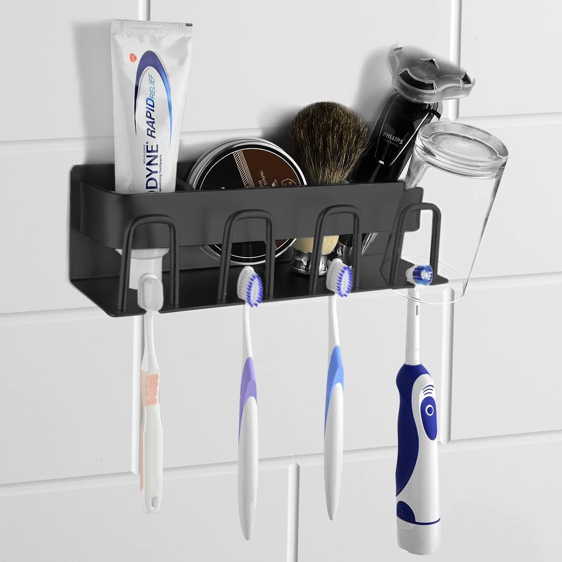 Stainless Steel Wall Mounted Toothbrush Holder for Bathroom - 4 Cup Toothbrush & Toothpaste Organizer with Razor Holder - Space Saving Shower Storage Solution - Perfect for Small Bathrooms, Apartments & Dorm Rooms (Black)