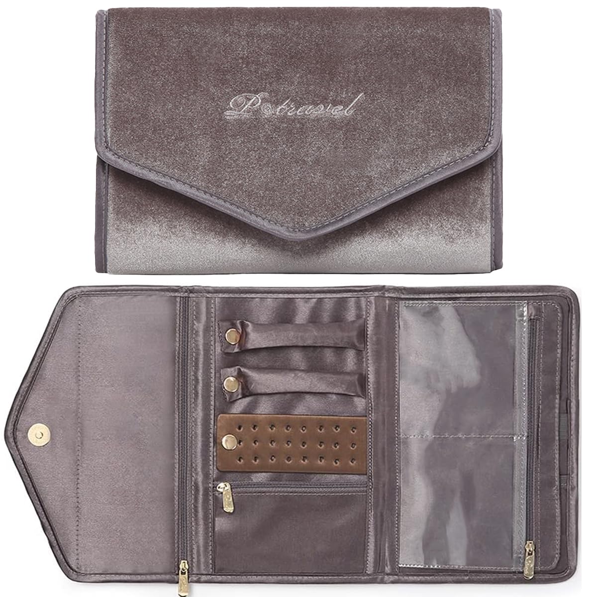 RT&BS Velvet Travel Jewelry Roll Organizer Bag - Portable Jewelry Case for Necklaces, Rings & Earrings - Perfect for Vacation, Business Trips & Daily Storage (Taupe)