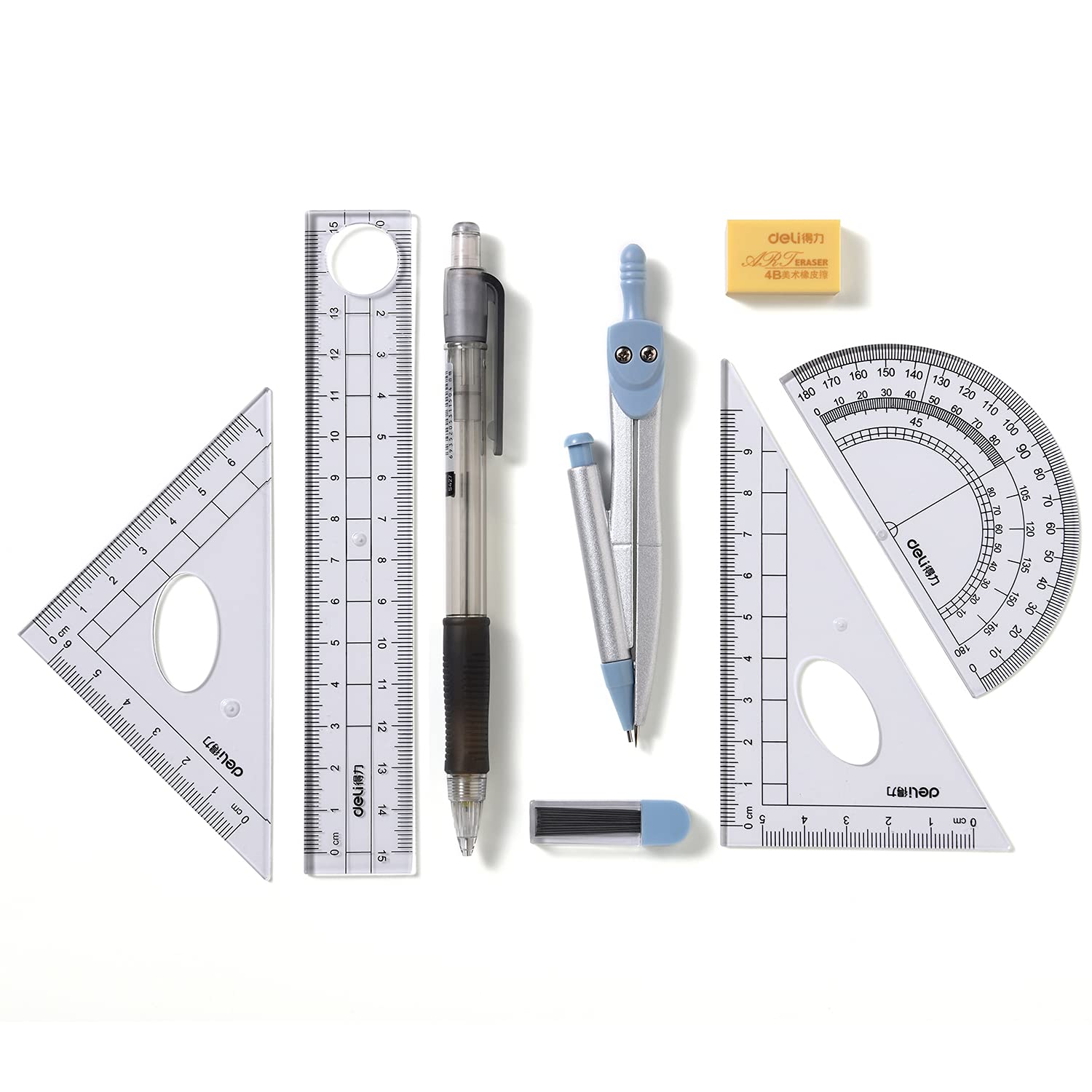 8-Piece Geometry Compass Set for Students & Engineers - Math Drawing Kit with Protractor, Rulers, Pencil & Eraser - Perfect for Classroom, Homework & Technical Drafting