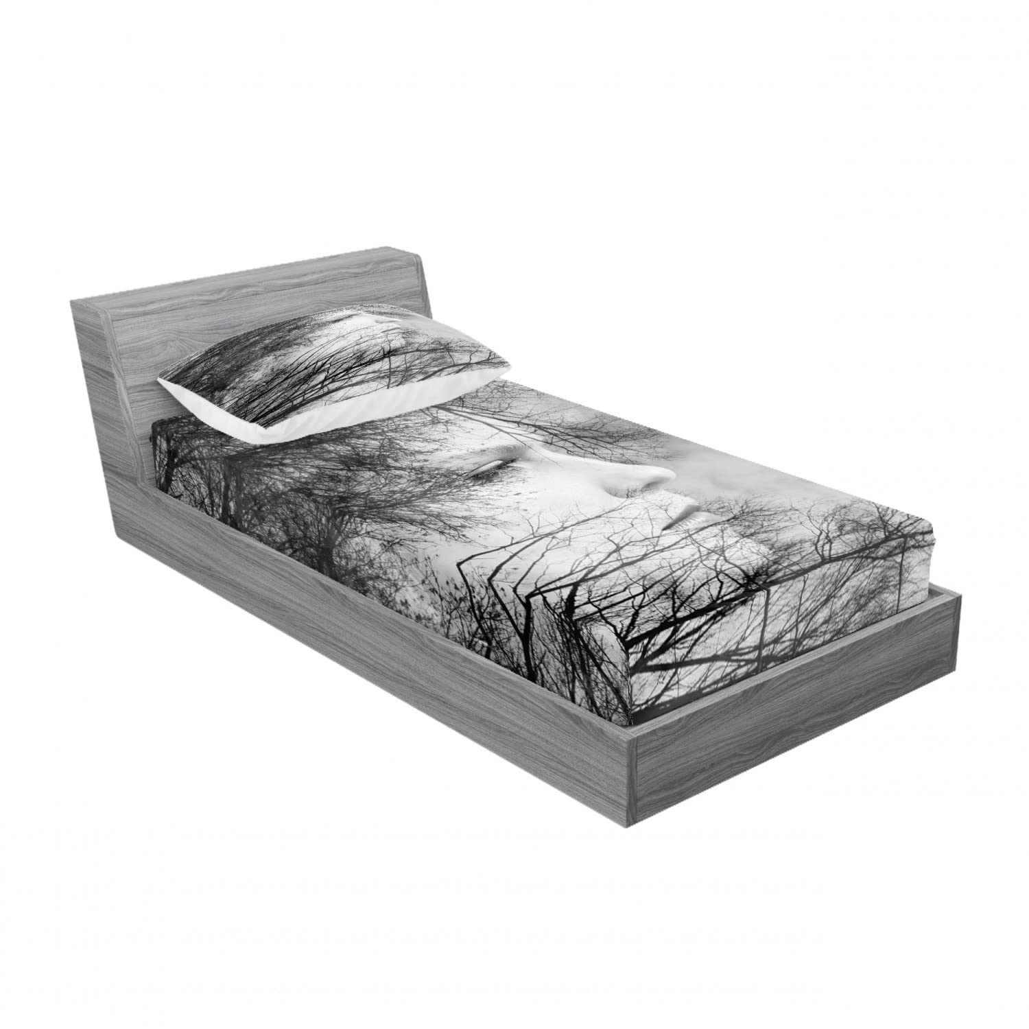 Ambesonne Black and White 2-Pack Twin Bedding Set - 2 Fitted Sheets & 2 Pillow Shams with Elegant Woman and Trees Design - 4-Piece Bedroom Decor for Modern Home - Perfect for Guest Rooms, Dorms, and Cozy Bedrooms