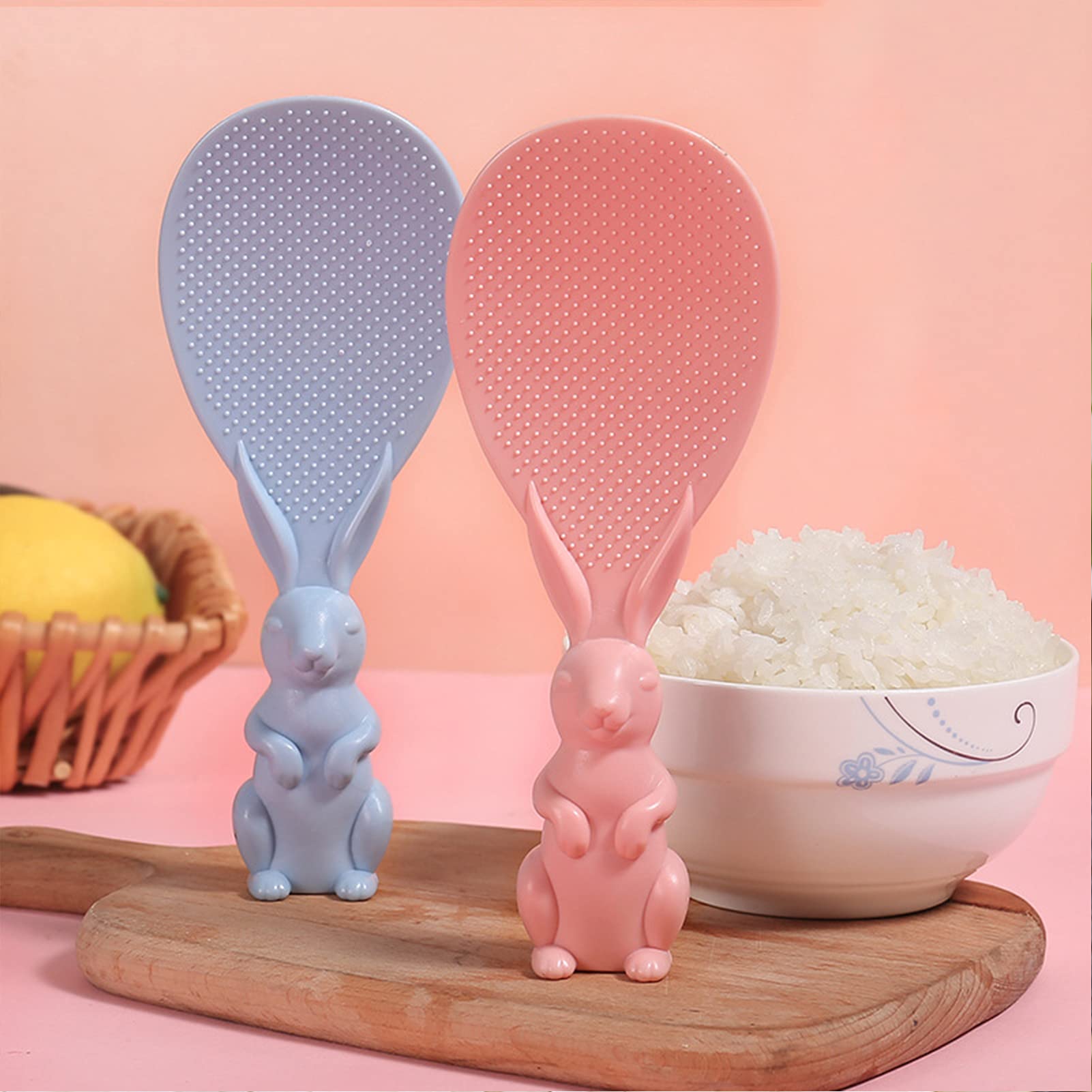 Non-Stick Rice Scoop Set - 4pcs Rabbit Design Rice Paddle Spoon with Stand, Wheat Straw Material for Rice Cooker - Perfect for Serving Rice, Sushi & Grain Dishes in Home Kitchen & Restaurants
