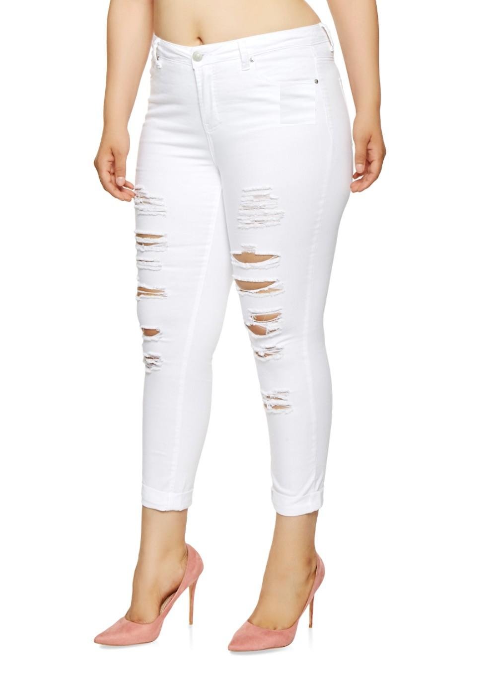 Jack David Women's Plus Size Ripped Skinny Jeans - Distressed Stretch Denim Pants in White & Black | Perfect for Casual Outfits, Streetwear & Everyday Wear
