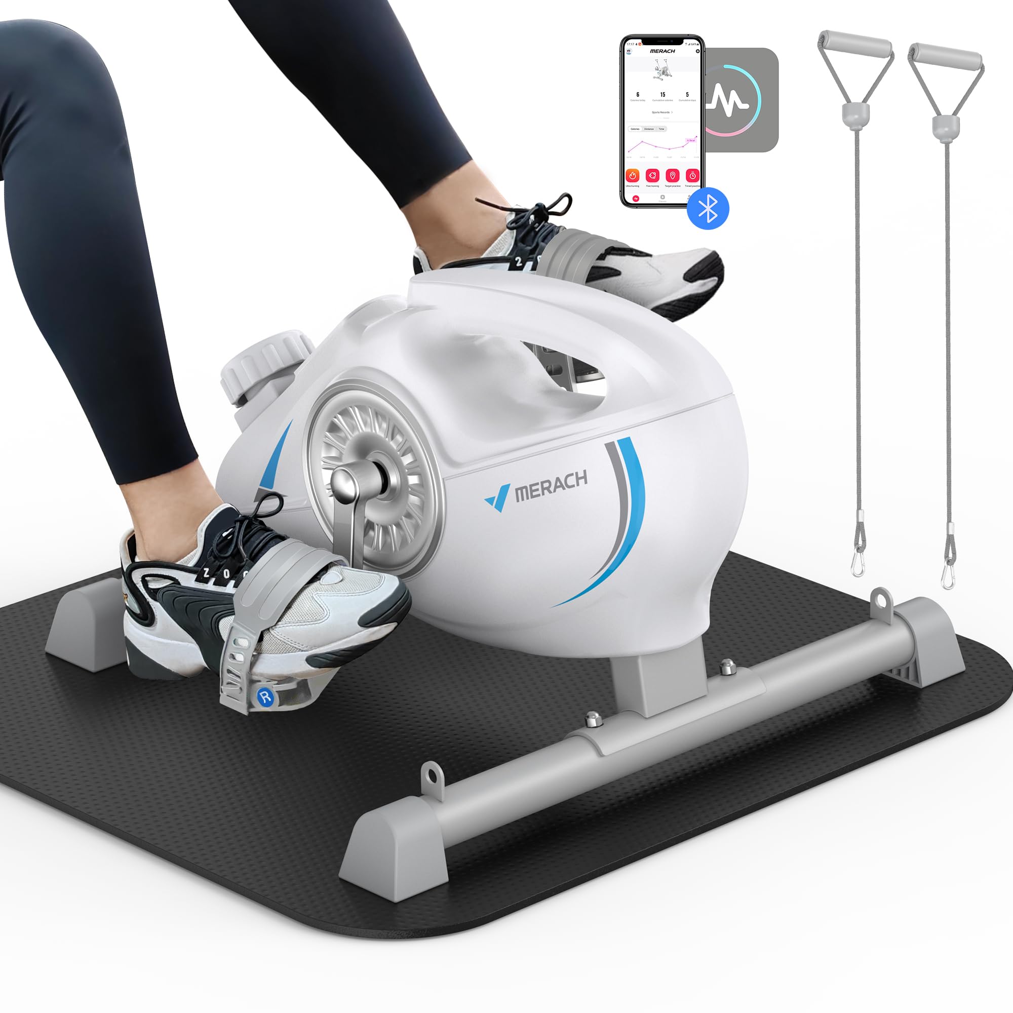MERACH Under Desk Bike Pedal Exerciser - Quiet Magnetic Mini Exercise Bike for Arm & Leg Recovery, Physical Therapy - Smooth Foot Desk Cycle with 2 Resistance Bands & Non-Slip Mat - Perfect for Office, Home Workouts & Rehabilitation