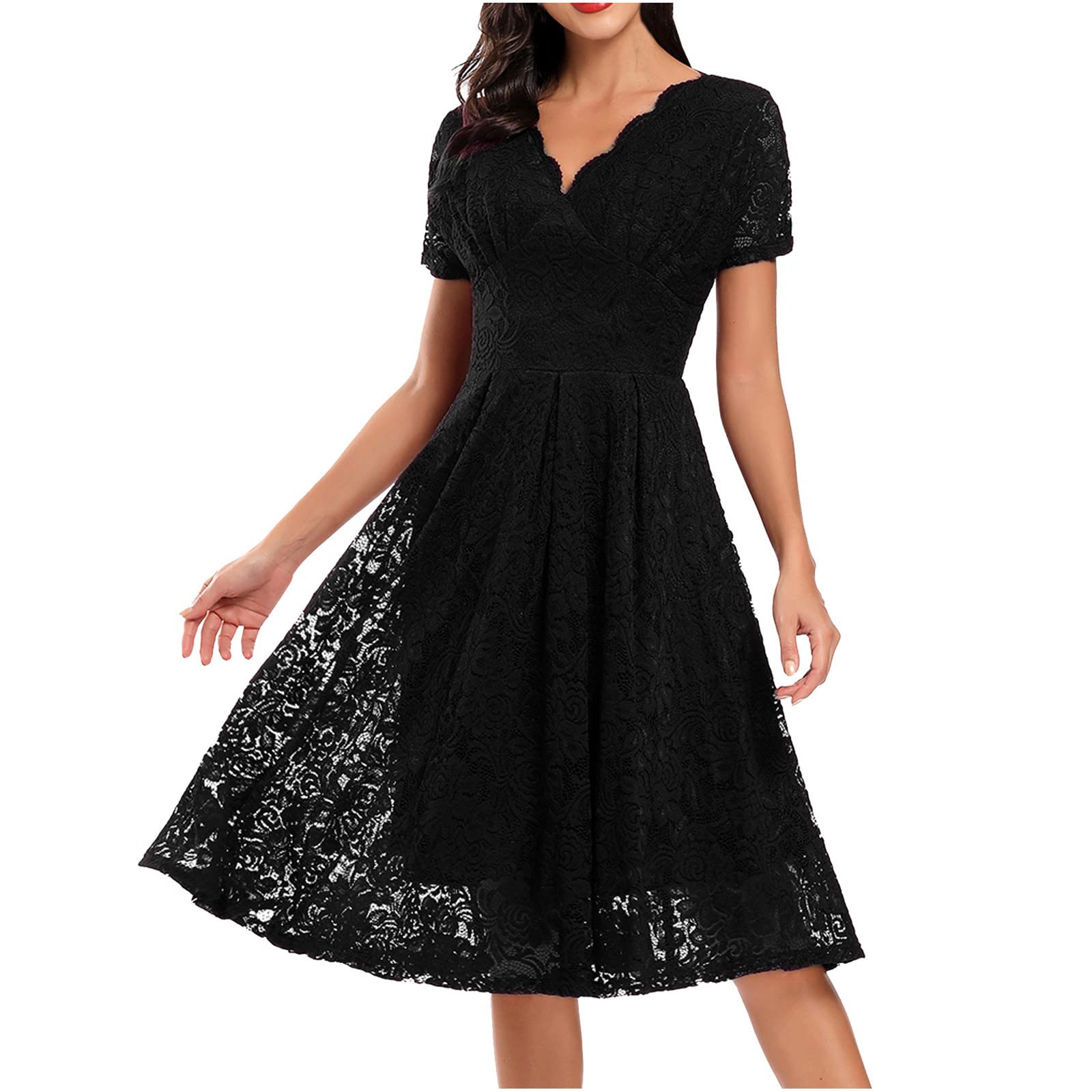 Elegant V-Neck Short Sleeve Lace Cocktail Dress for Women - Wedding Guest Formal Midi Swing Dress | Perfect for Parties, Bridal Showers & Evening Events